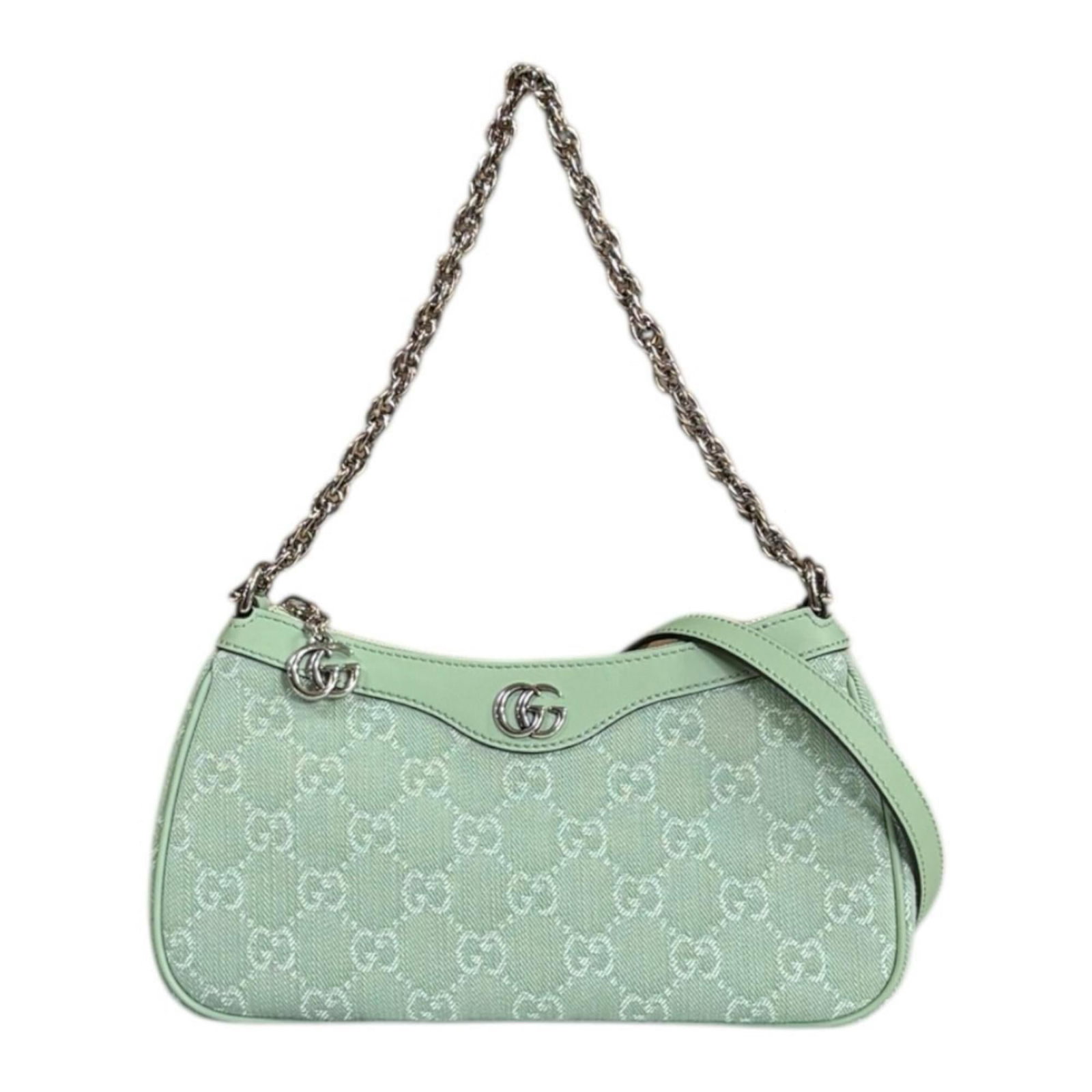 Shoulder Bag Gucci Denim: Shoulder Bag Gucci Denim Gucci Denim Shoulder Bag in a unique pale green hue, crafted from high-quality denim material. Measuring 14cm x 25cm x 6cm, this stylish shoulder bag offers a distinctive look