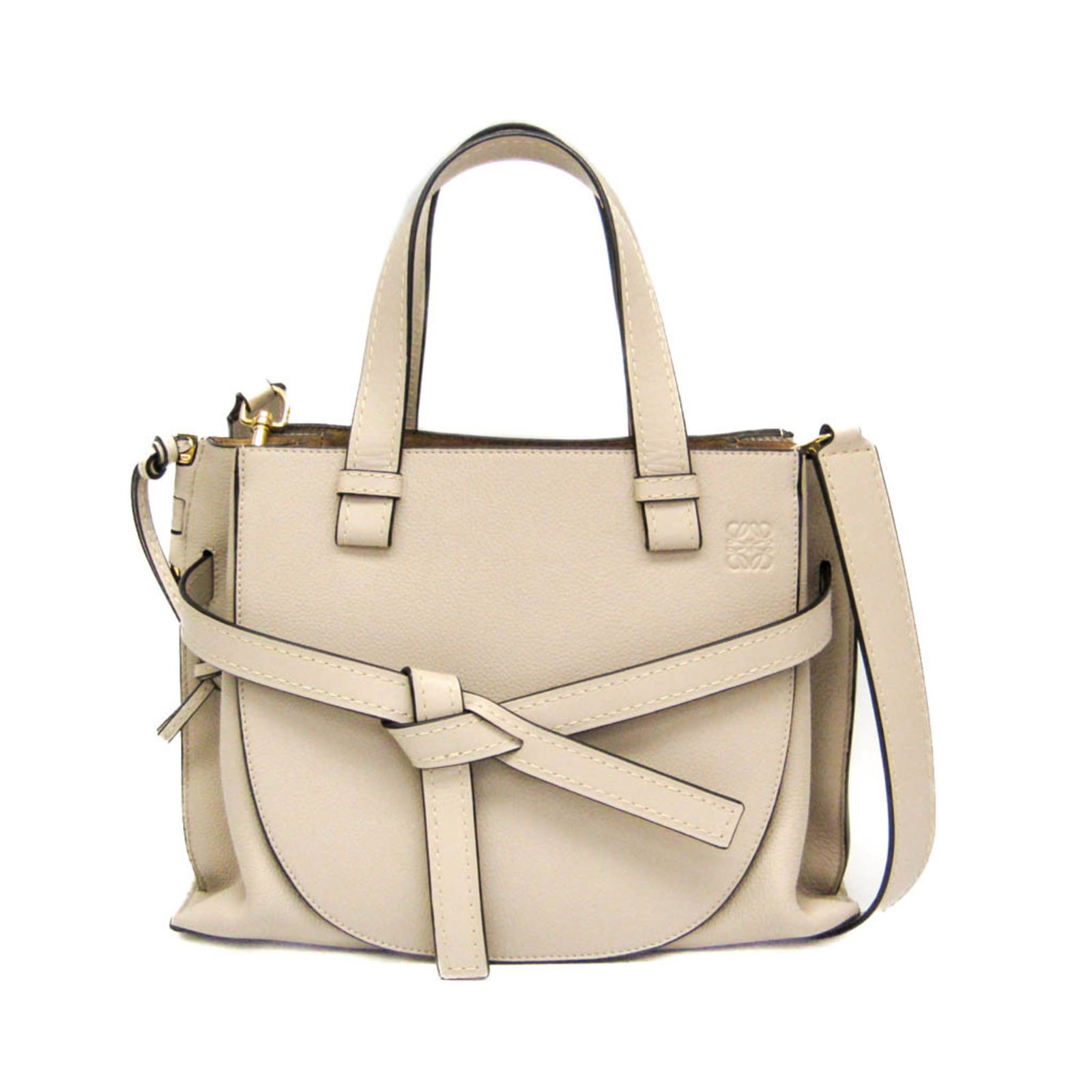 Shoulder Bag Leather Tote Loewe: Shoulder Bag Leather Tote Loewe Light beige leather shoulder bag with a classic design, featuring a gate top handle and open pockets for organization. The bag measures 22cm x 30cm x 12cm and weighs 1.