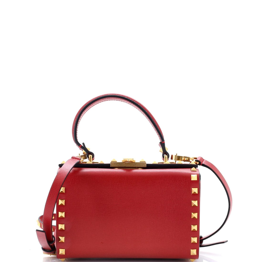 Valentino Garavani Rockstud Alcove Box Leather Bag: Valentino Garavani Rockstud Alcove Box Leather Bag The Valentino Garavani Rockstud Alcove Box Leather Bag boasts a striking red exterior with a sleek, modern design. Measuring 5" in height and 7" in