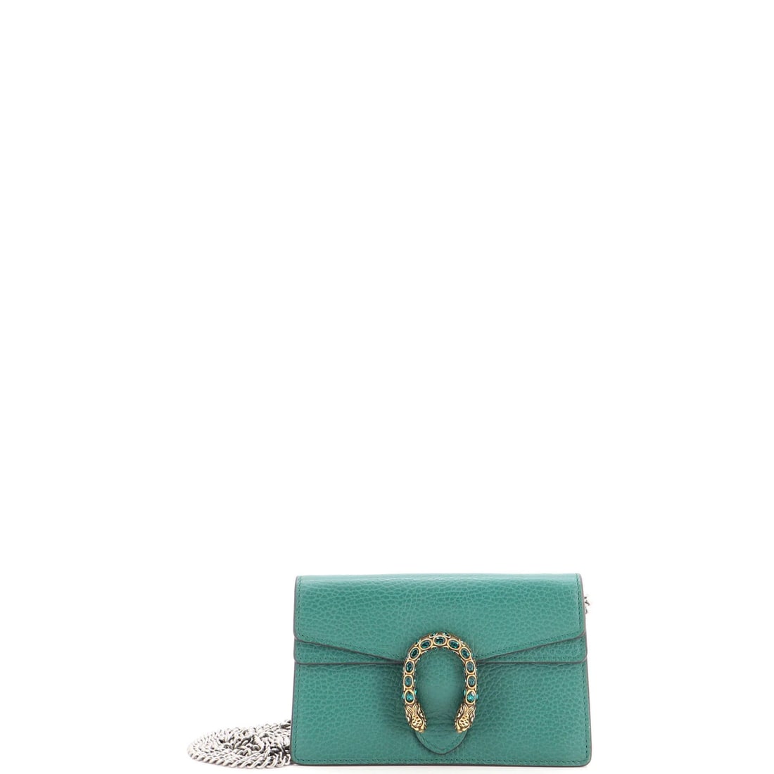 Super Mini Leather Bag Dionysus Gucci: Super Mini Leather Bag Dionysus Gucci Super Mini Dionysus Gucci Bag in Green Leather. This stylish, crystal-embellished clutch features a gold and silver hardware and measures 4" in height, 6.5" in