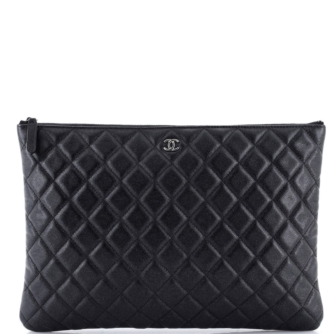 Caviar Quilted Clutch Large Chanel Case: Caviar Quilted Clutch Large Chanel Case Black quilted caviar leather Chanel case in large size, featuring silver hardware and minor scratches. Minor creases on the exterior and a perfume odor inside.