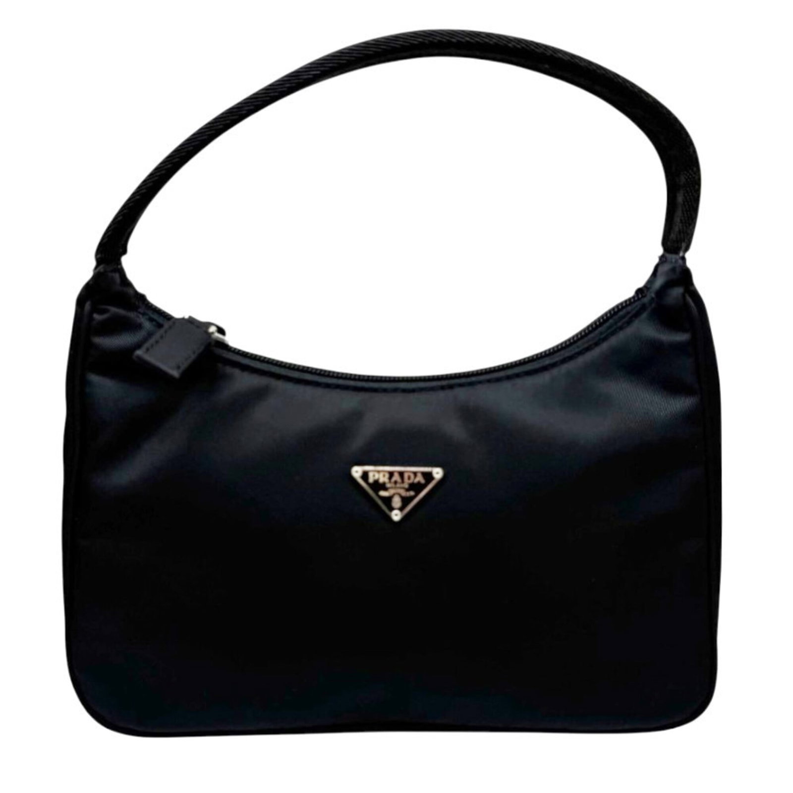 Handbag Pouch Nylon Shoulder Prada: Handbag Pouch Nylon Shoulder Prada Black Prada nylon shoulder bag pouch with a 12cm drop handle, measuring 15cm x 22cm x 6.5cm. This sleek and compact bag features a durable nylon material and a