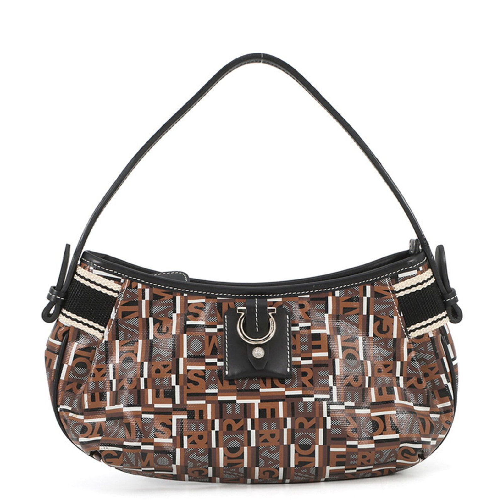 Handbag Salvatore Ferragamo Pvc Leather: Handbag Salvatore Ferragamo Pvc Leather This Salvatore Ferragamo Gancini handbag is crafted from high-quality PVC and leather, featuring a classic brown color and silver hardware. Measuring 15.5cm x