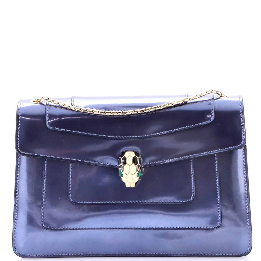 Patent medium Bvlgari Serpenti Forever shoulder bag: Patent medium Bvlgari Serpenti Forever shoulder bag Patent leather exterior in rich purple, the Bvlgari Serpenti Forever shoulder bag boasts a striking design. Measuring 9" in height, 11" in width,