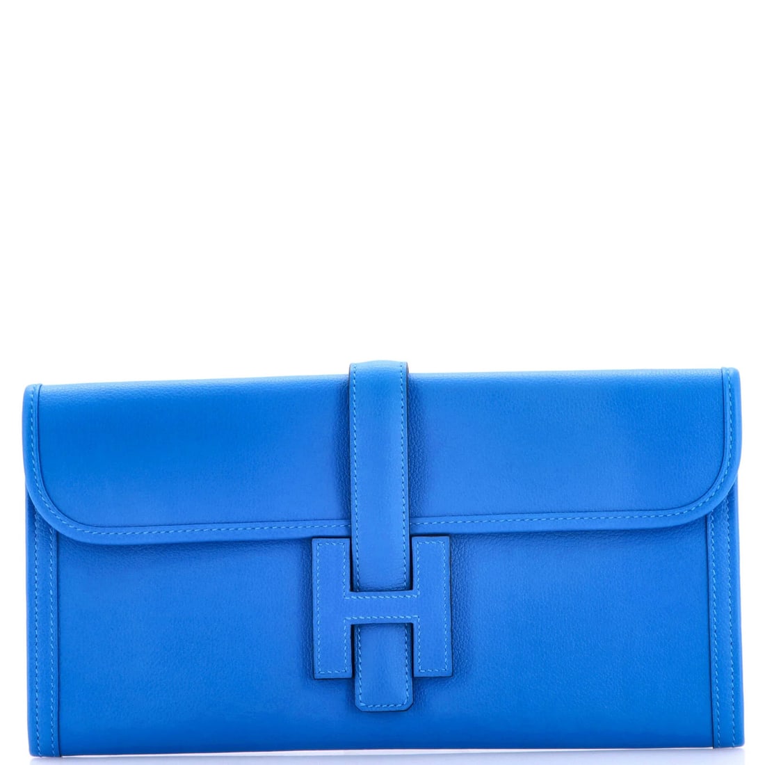 Hermes Jige Elan Clutch Evercolor: Hermes Jige Elan Clutch Evercolor The Hermes Jige Elan Clutch Evercolor is a stunning blue leather clutch with a sleek design. Measuring 6" tall, 11.5" wide, and 1" deep, this 2017 model features