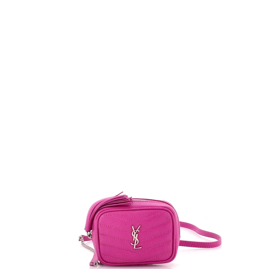 Baby Chevron Leather Lou Matelasse Camera Saint Laurent: Baby Chevron Leather Lou Matelasse Camera Saint Laurent Purple leather Lou Camera Bag Matelasse Chevron Saint Laurent features a 19" strap drop and measures 3" x 4" x 1.5". The exterior shows minor sc