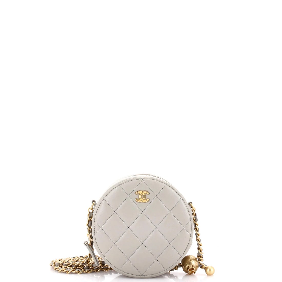 Chanel Pearl Lambskin Quilted Clutch with Chain Round Crush: Chanel Pearl Lambskin Quilted Clutch with Chain Round Crush The Chanel Pearl Lambskin Quilted Clutch with Chain Round Crush boasts a sophisticated gray lambskin exterior, adorned with a quilted design