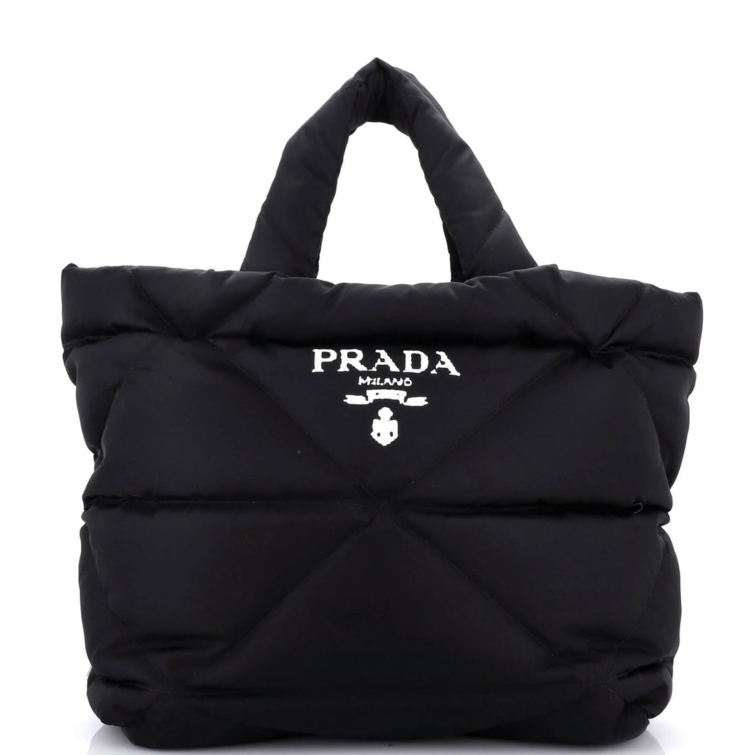 Re Nylon Logo Padded Quilted Tote Medium Prada: Re Nylon Logo Padded Quilted Tote Medium Prada Black Re-Nylon Logo Padded Quilted Tote Bag in Medium Size, featuring a classic Prada design with minor creases and scuffs, and a quilted construction fo