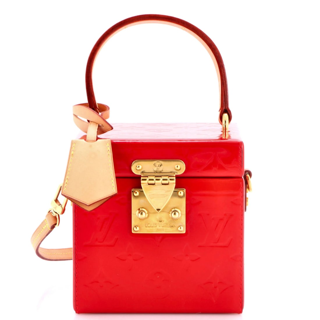 Box Bleecker Bag Monogram Louis Vuitton Vernis NM: Box Bleecker Bag Monogram Louis Vuitton Vernis NM Box Bleecker Bag Monogram Louis Vuitton Vernis NM features a striking red patent leather exterior with gold hardware, adorned with the iconic