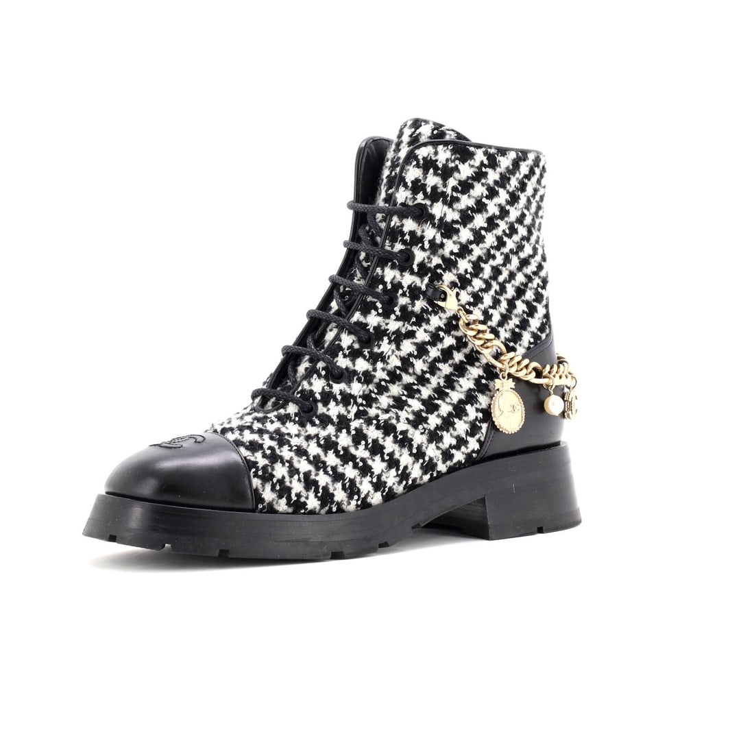 Chain Lace Up Tweed Leather Cap Toe Combat Boots Women's Chanel: Chain Lace Up Tweed Leather Cap Toe Combat Boots Women's Chanel Black, White Tweed and Leather Chain Lace Up Combat Boots with Gold Tone Hardware, featuring a classic cap toe design and lace up
