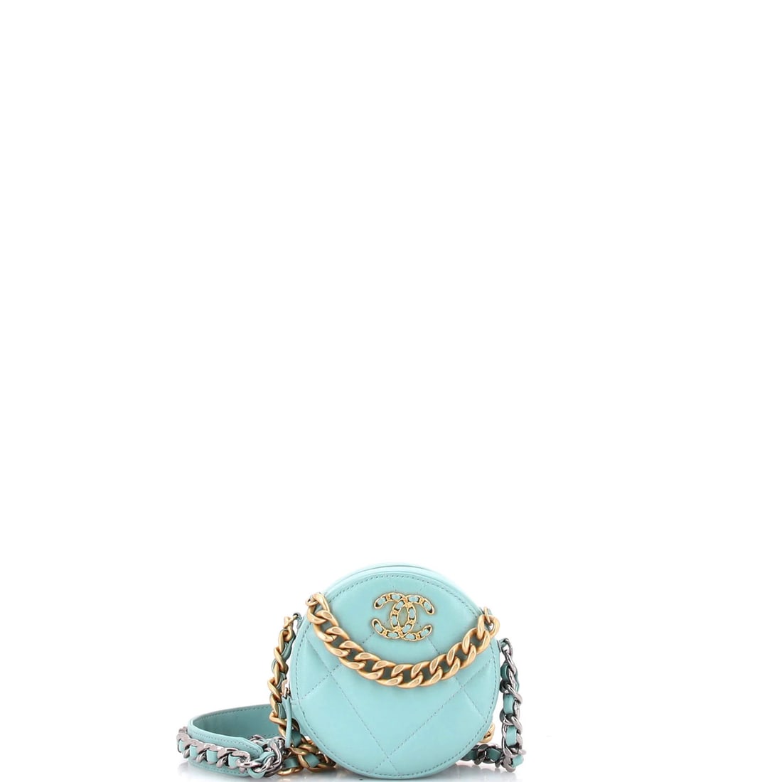 Round Clutch Quilted Leather with Chain 19 Chanel: Round Clutch Quilted Leather with Chain 19 Chanel 19" Round Clutch with Chain Quilted Leather Exterior in Blue, featuring a classic Chanel design with a subtle chain detail. The quilted leather