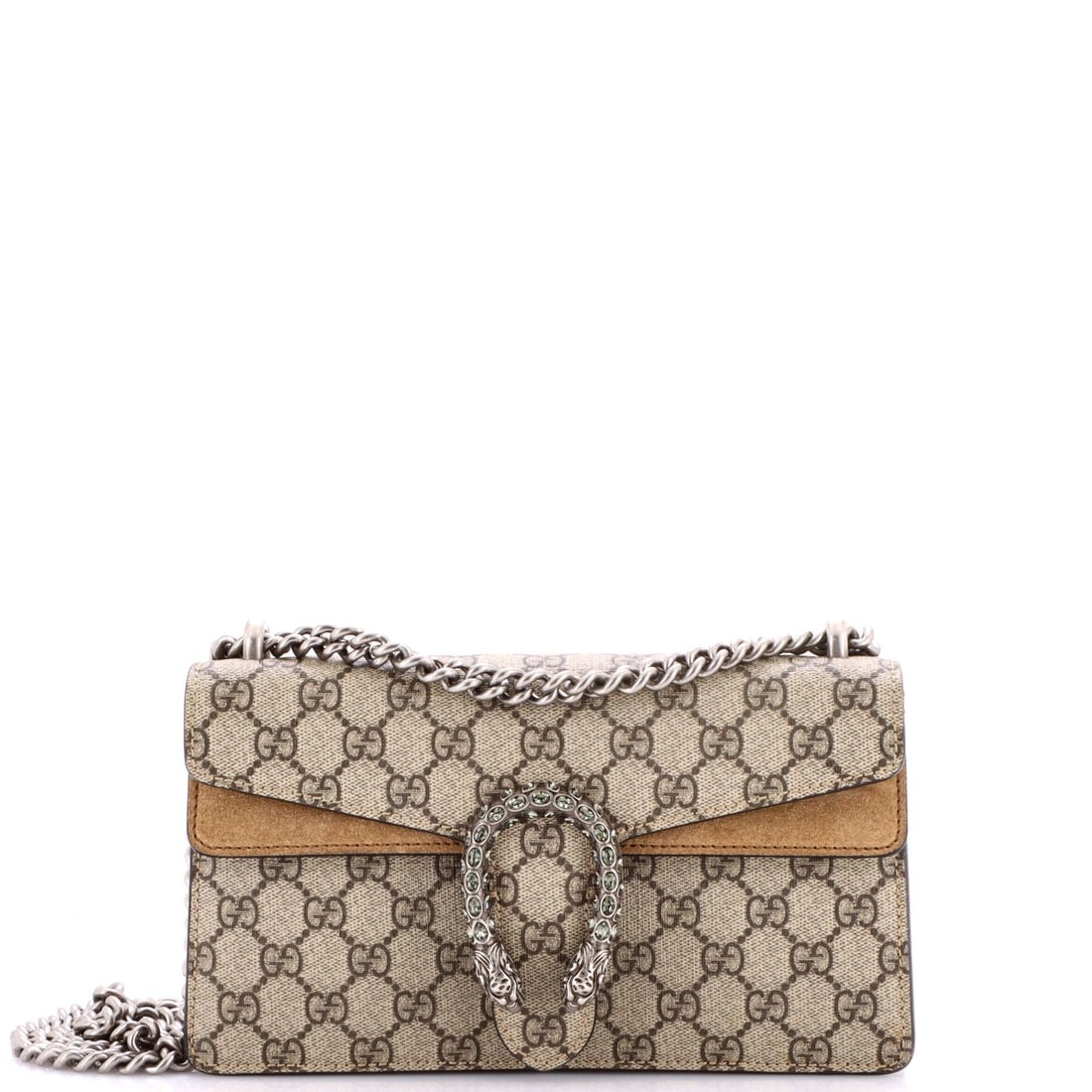 Gucci GG Coated Canvas Small Bag Dionysus Embellished with Crystal Metal: Gucci GG Coated Canvas Small Bag Dionysus Embellished with Crystal Metal The Gucci GG Coated Canvas Small Bag Dionysus features a striking combination of canvas, crystal, and metal accents in a rich b