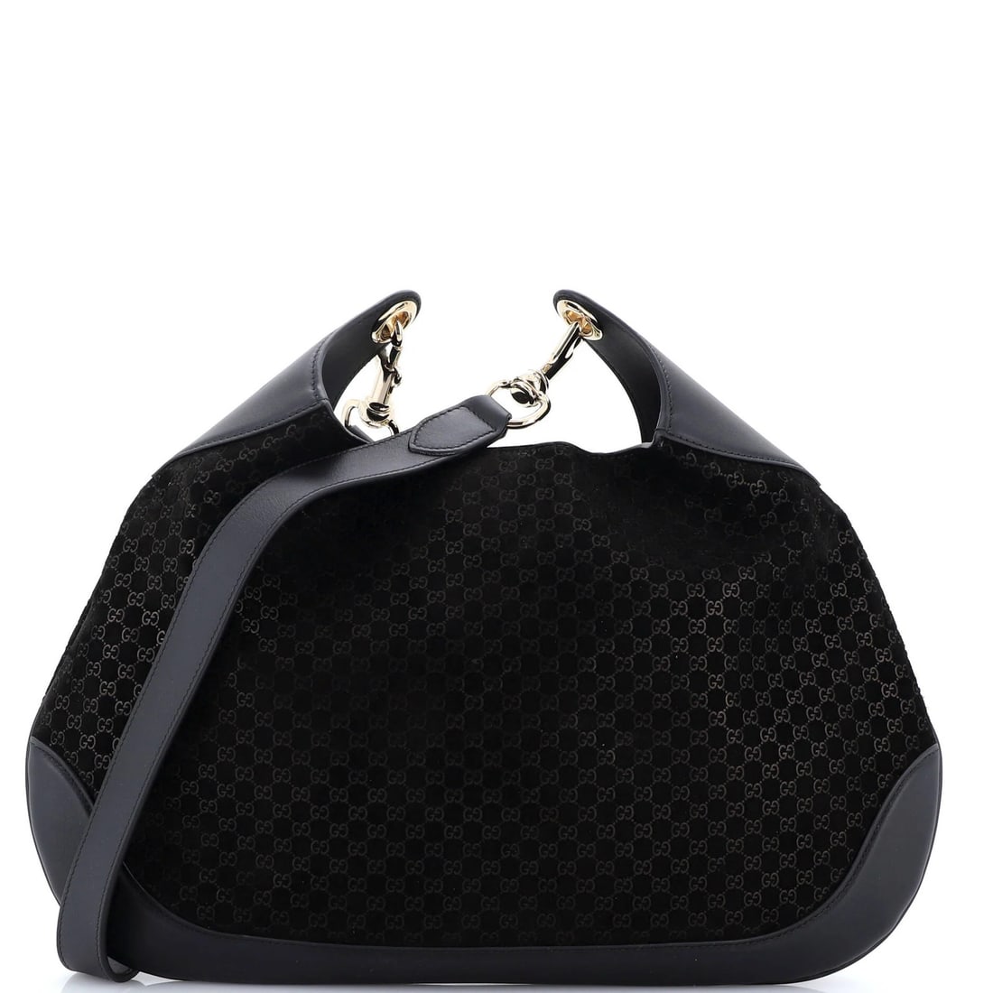 Shoulder Bag Medium Suede Gucci GG: Shoulder Bag Medium Suede Gucci GG Black Suede Medium Shoulder Bag with Gold Tone Hardware, featuring a classic GG design and extra strap for versatility. Measuring 7-10" handle drop, 9.5" height,