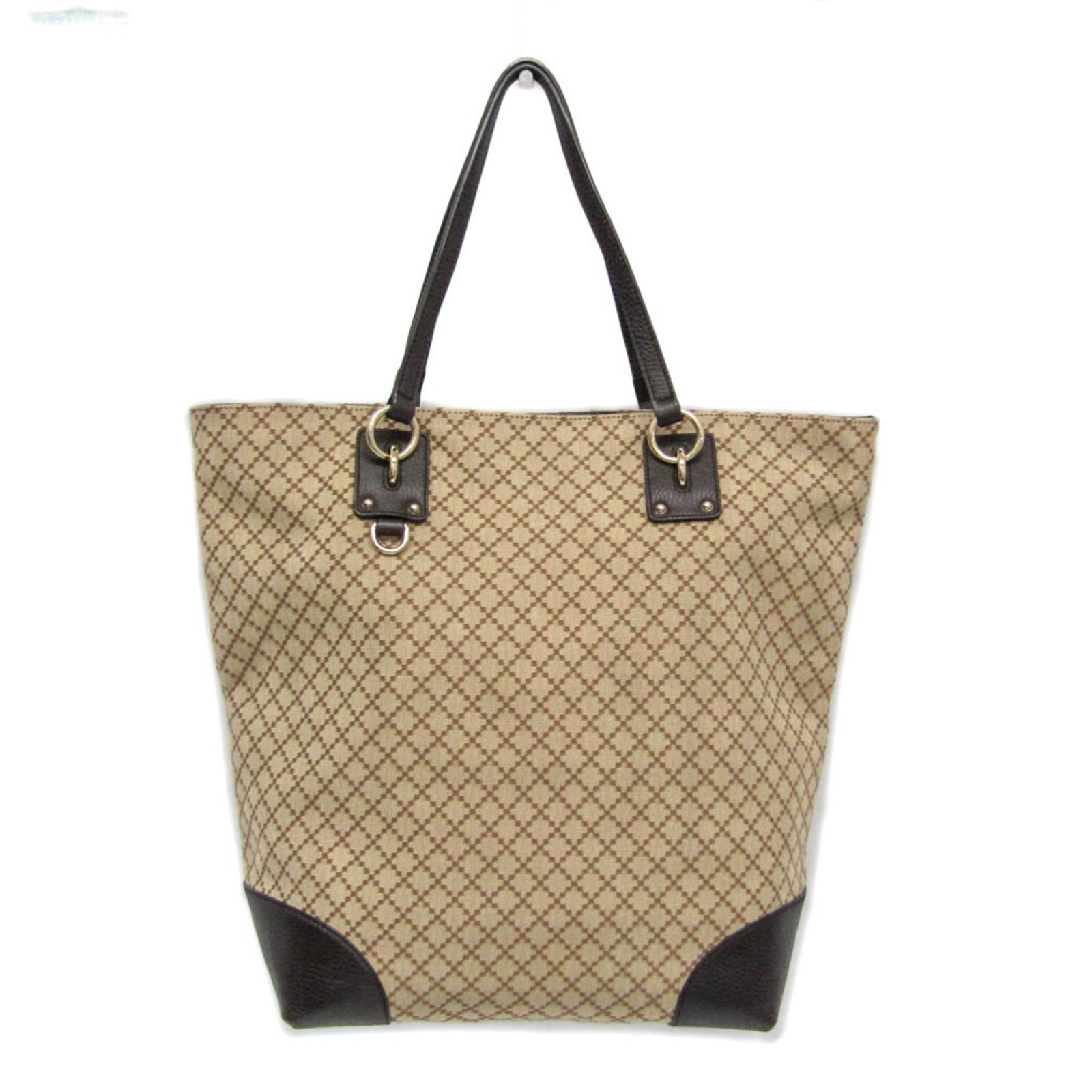 Canvas Leather Tote Bag Gucci Shoulder: Canvas Leather Tote Bag Gucci Shoulder 42.5cm wide and 38cm tall, this Gucci Diamante shoulder tote features a striking beige and dark brown leather and canvas design. The bag's 53cm long handle and