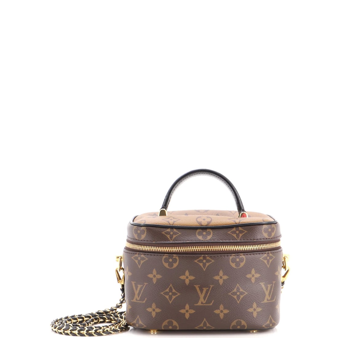 Vanity Handbag Canvas Monogram Reverse Louis Vuitton: Vanity Handbag Canvas Monogram Reverse Louis Vuitton Brown Canvas Monogram Reverse Louis Vuitton Handbag with Gold Hardware and Microfiber Interior. This Vanity Handbag features a classic top handle d