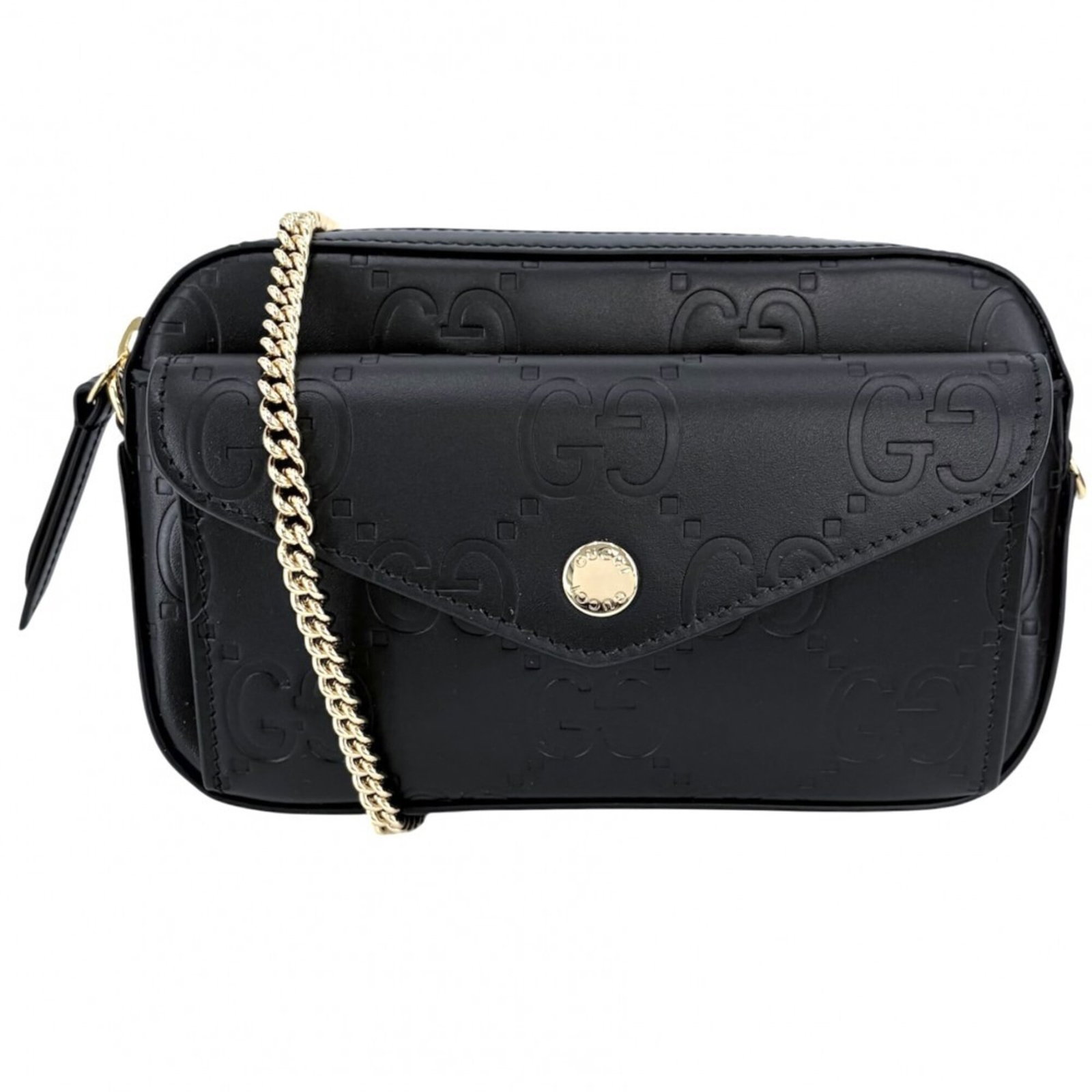 Shoulder Bag Leather: Shoulder Bag Leather Black leather shoulder bag from Gucci, measuring 11cm x 18cm x 3.5cm. This bag features a classic design with a sleek black leather exterior, suitable for everyday carry. Item Spe