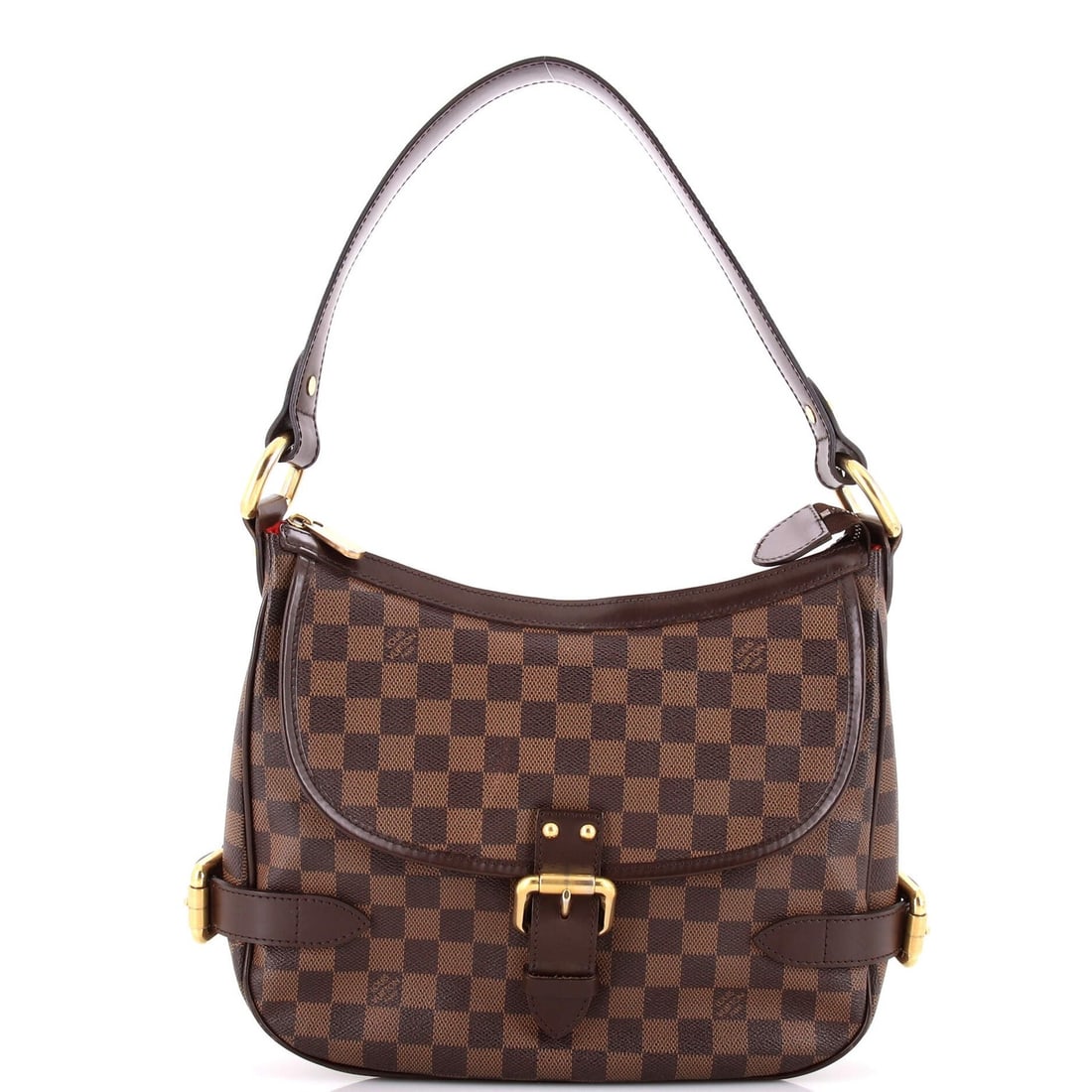 Damier Louis Vuitton Highbury Handbag: Damier Louis Vuitton Highbury Handbag Brown Damier Louis Vuitton Highbury Handbag with a touch-up on the edges and heavy edge wear, featuring a canvas-coated exterior, gold hardware, and a red