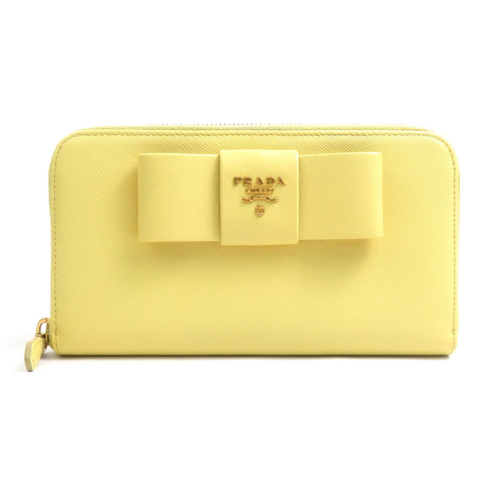 Prada Long Wallet (Bi-Fold) Leather: Prada Long Wallet (Bi-Fold) Leather Yellow Prada Long Wallet (Bi-Fold) Leather, measuring 10.5cm x 18.5cm x 2cm, features a classic bi-fold design made from high-quality leather. The bright yellow