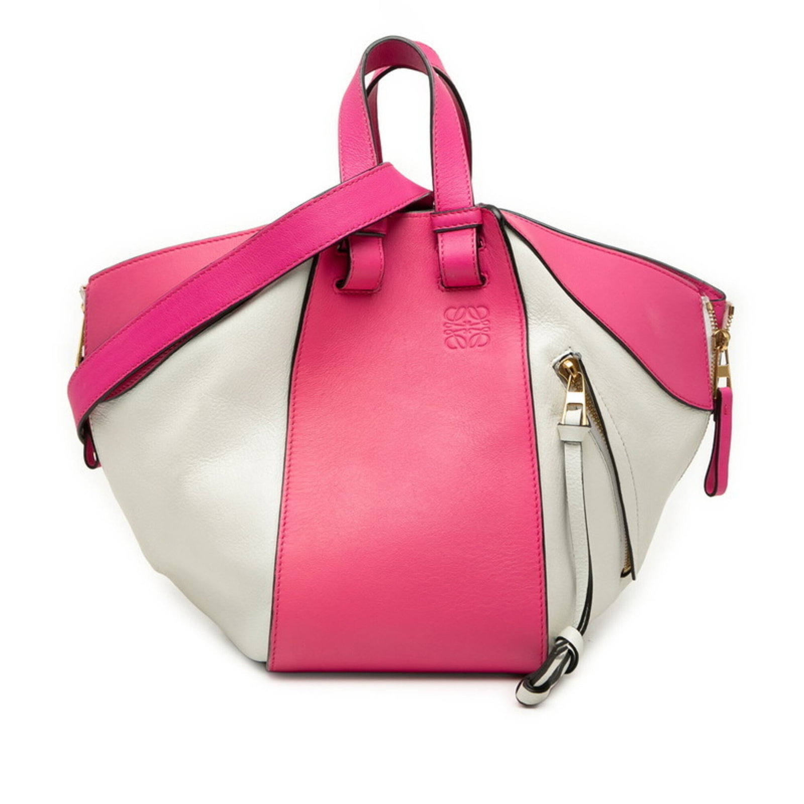 Shoulder Bag Leather Loewe Handbag: Shoulder Bag Leather Loewe Handbag Pink and White Leather Loewe Shoulder Bag. This shoulder bag features a striking combination of pink and white leather, showcasing the iconic Loewe style. With its