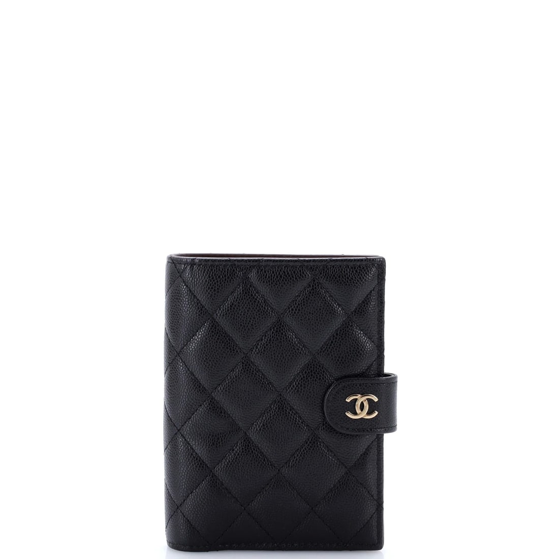 Caviar Quilted Passport Holder Chanel: Caviar Quilted Passport Holder Chanel Small, quilted leather Chanel passport holder in black, featuring gold hardware and a burgundy interior. The exterior shows minor creasing and small indentations,