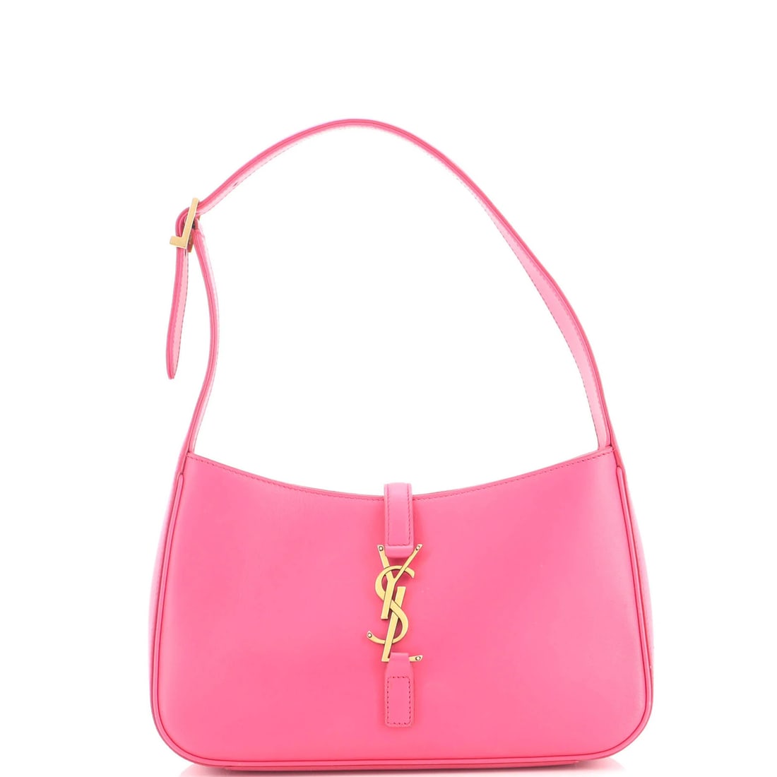 Hobo Leather Small Saint Laurent 5 a 7: Hobo Leather Small Saint Laurent 5 a 7 Small Saint Laurent Le 5 a 7 Hobo Leather Bag in Pink with Suede Interior and Gold Hardware, featuring a classic design with scuffed exterior and minor creases,