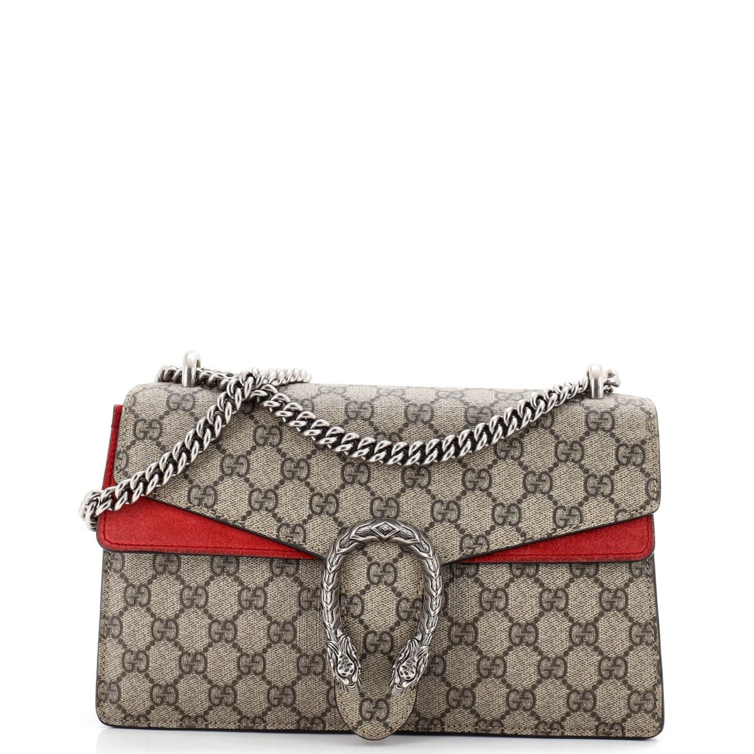 Small coated canvas bag GG Gucci Dionysus: Small coated canvas bag GG Gucci Dionysus Small GG Gucci Dionysus bag in coated canvas with a bold red exterior and matching suede interior, featuring aged silver hardware. Minor scuffs and creases