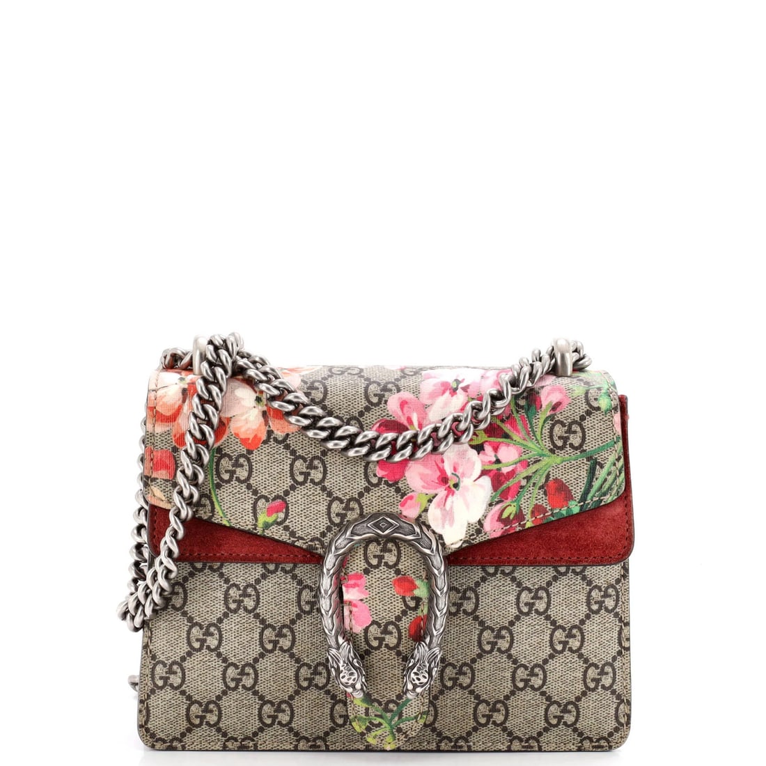 Dionysus Bag Blooms Gucci Coated Canvas Mini Print GG: Dionysus Bag Blooms Gucci Coated Canvas Mini Print GG Red Gucci Coated Canvas Dionysus Bag Blooms Mini Print GG features a vibrant exterior with edge wear, corner wear, and minor scuffs. The bag's int