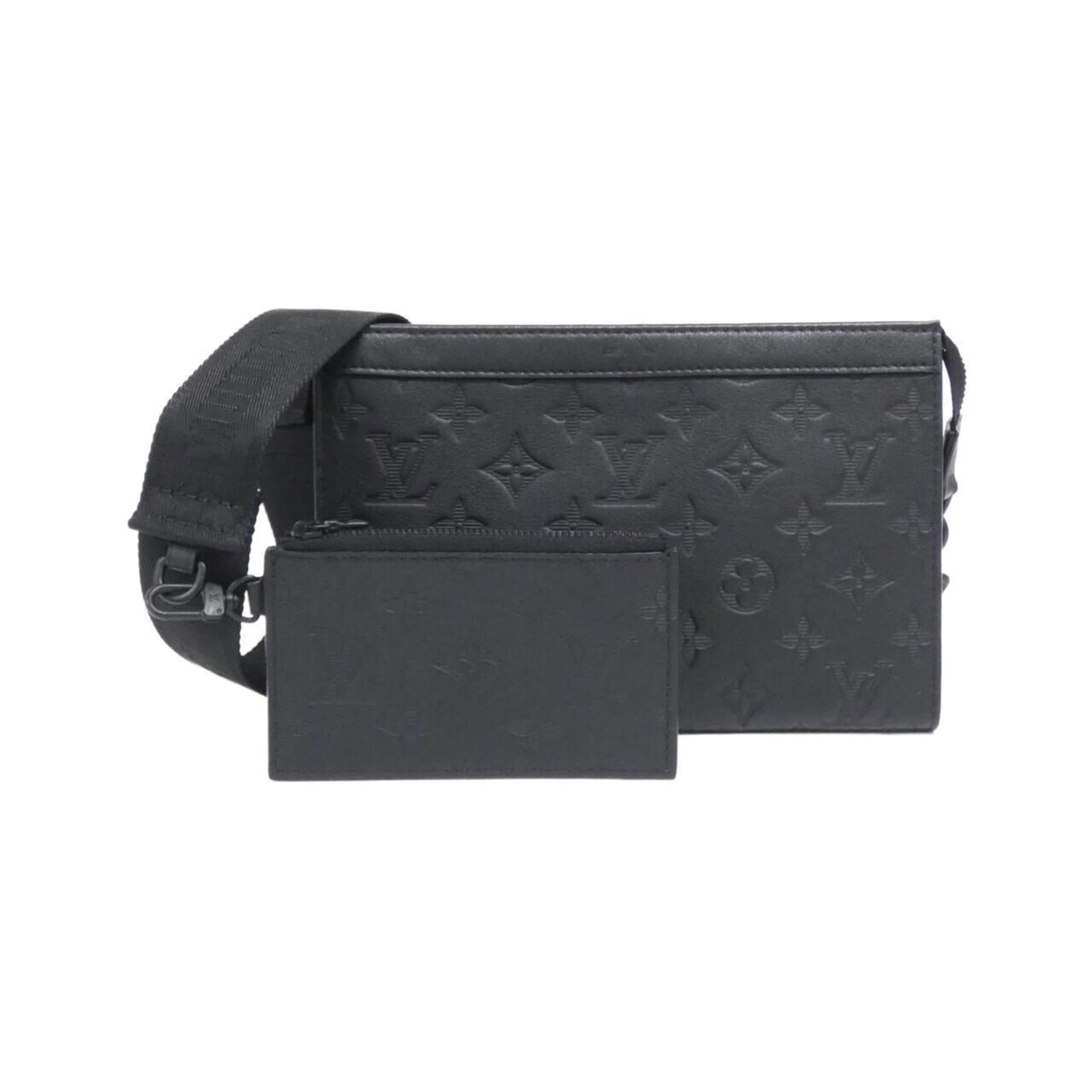 Shoulder Bag Leather Pouch Louis Vuitton: Shoulder Bag Leather Pouch Louis Vuitton Black leather Louis Vuitton shoulder bag with a classic design, featuring calf leather construction and a sleek 15cm x 22cm x 5cm size. This stylish pouch is