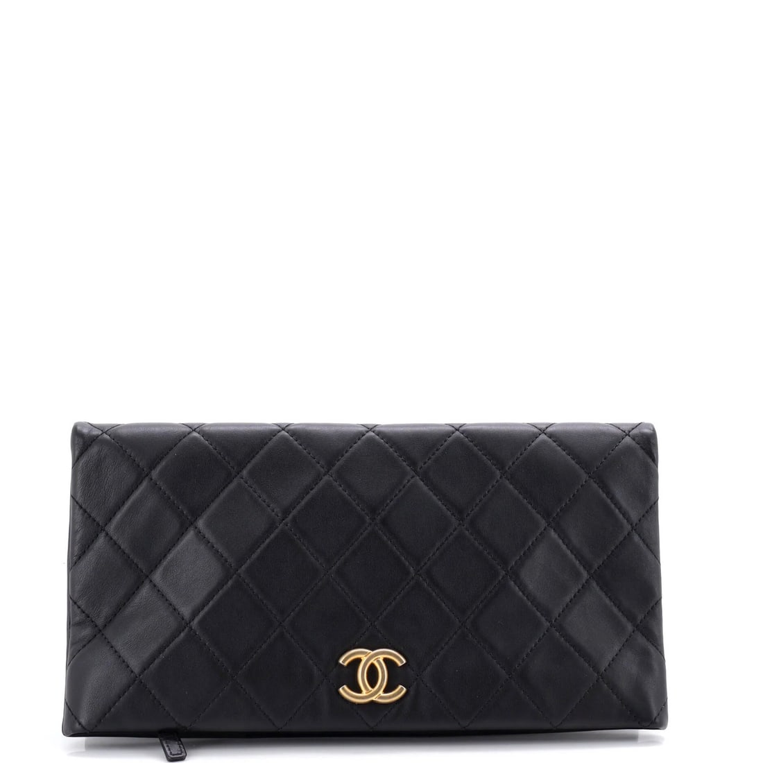Foldover Quilted Lambskin Large Chanel Clutch: Foldover Quilted Lambskin Large Chanel Clutch Black quilted lambskin exterior, gold hardware, and a spacious interior make this CC Foldover Clutch a stylish and functional accessory. Measuring 8"