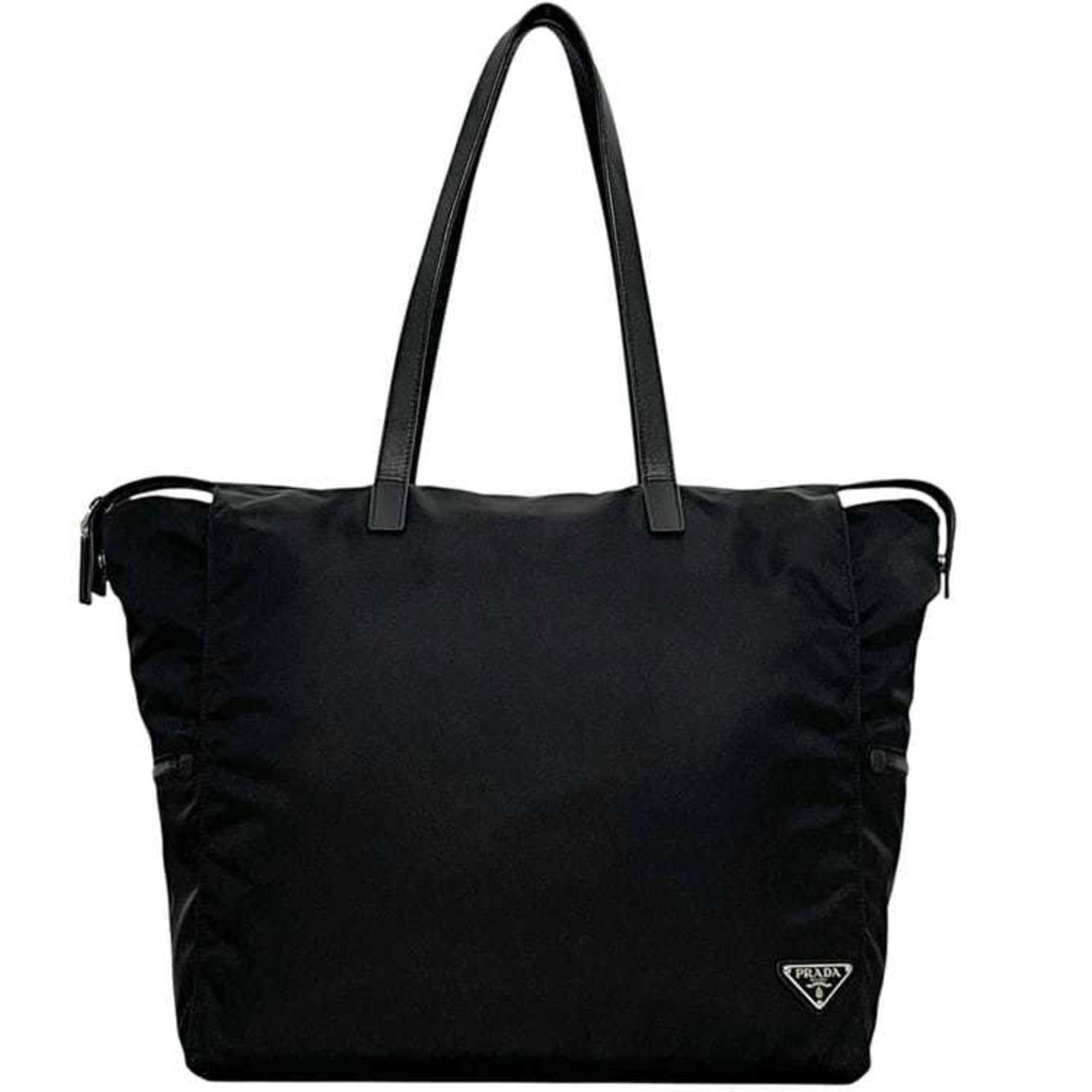 Nylon Leather Prada Tote Bag: Nylon Leather Prada Tote Bag Nylon and leather blend in a sleek, black Prada tote bag with a 35cm x 37cm x 19cm size. The bag's durable nylon material is complemented by the rich, black leather trim, 
