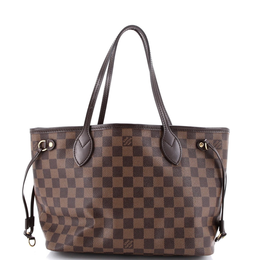 Damier PM Louis Vuitton Neverfull Tote: Damier PM Louis Vuitton Neverfull Tote Damier PM Louis Vuitton Neverfull Tote in Brown. This classic tote features a canvas-coated exterior with a distinctive Damier PM pattern, measuring 9" high and 