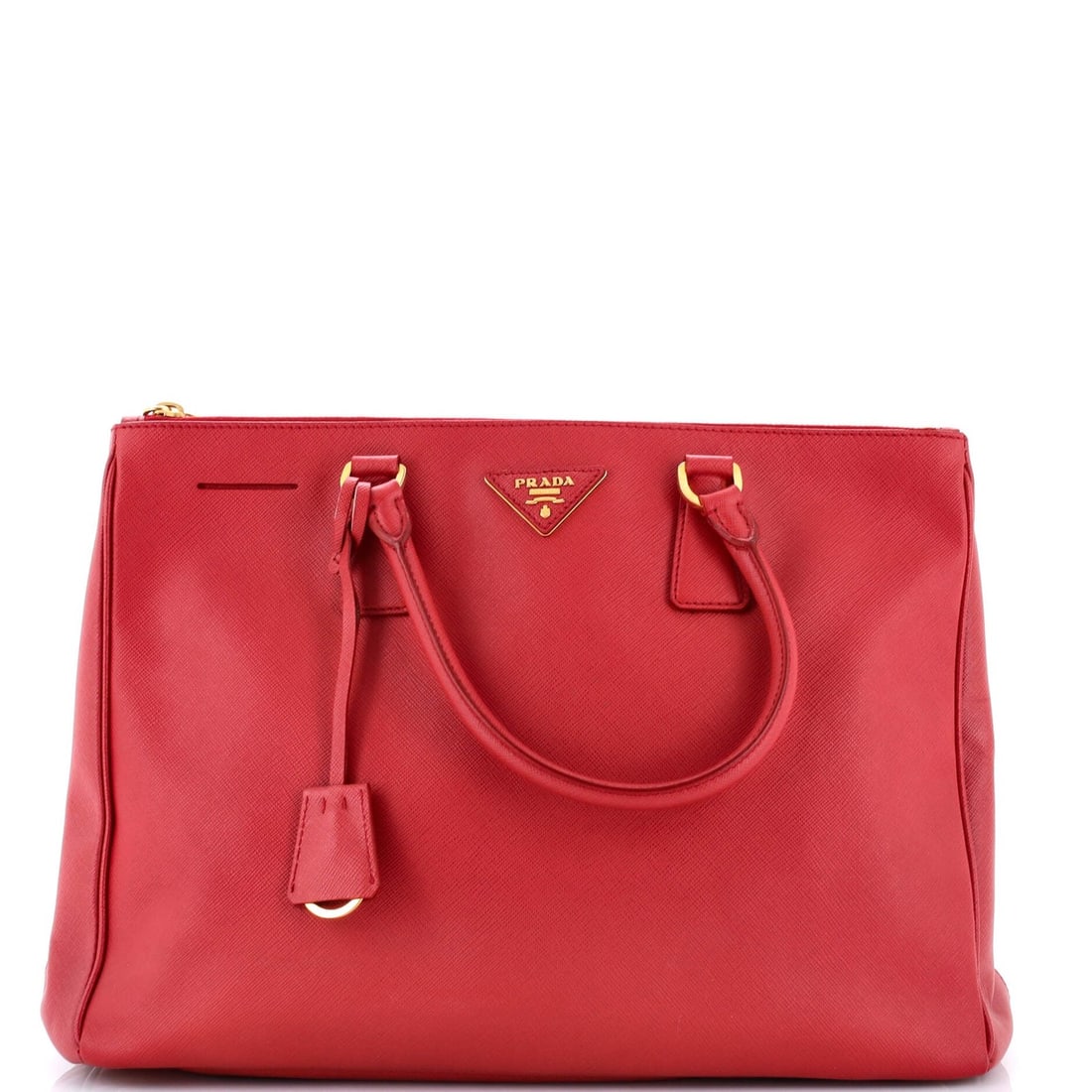 Saffiano Leather Double Tote Lux Prada Large: Saffiano Leather Double Tote Lux Prada Large Saffiano Leather Double Tote Lux Prada Large in Red, featuring a classic design with a double zip closure and gold hardware, measures 10.5" high, 14"