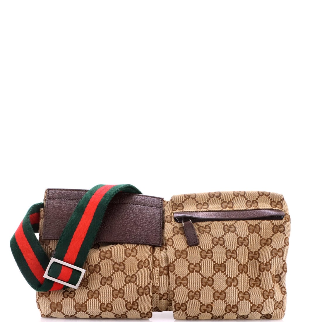 Double Belt Bag Canvas Leather GG Gucci Vintage: Double Belt Bag Canvas Leather GG Gucci Vintage Brown canvas leather GG Gucci vintage double belt bag with a unique canvas and leather exterior, featuring a classic design with a signature silver