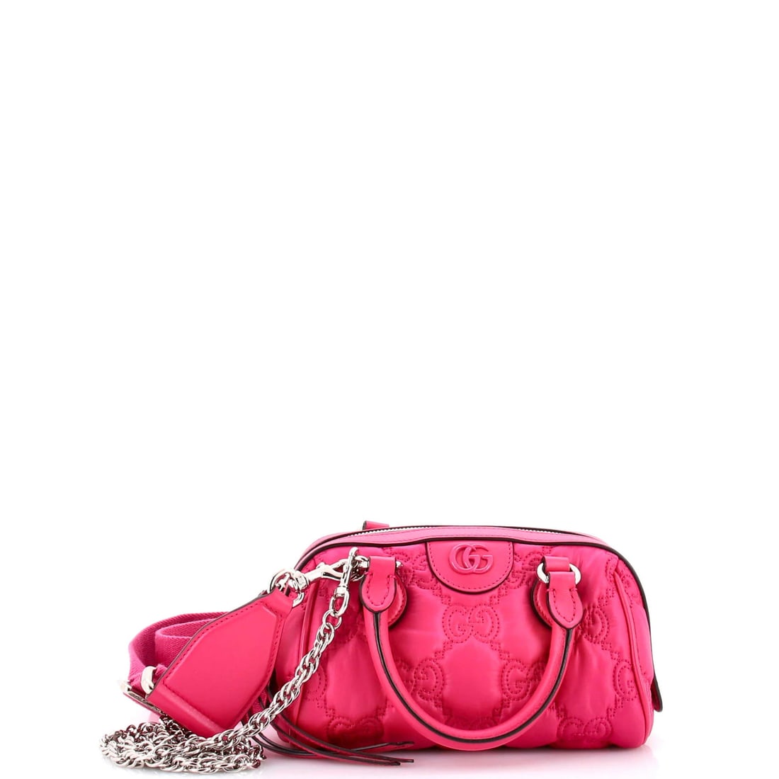 Matelasse Leather Boston GG Top Convertible Mini Handle Bag: Matelasse Leather Boston GG Top Convertible Mini Handle Bag Pink Matelasse Leather Mini Cross Body Bag with Convertible Top and Silver Hardware. This Gucci Boston GG Top Convertible Mini Handle Bag fe
