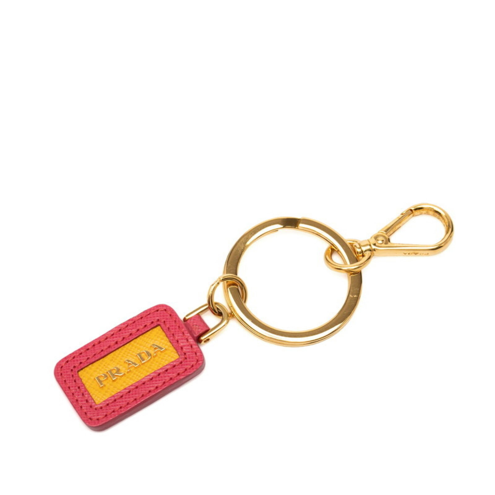 Keyring Leather By Prada: Keyring Leather By Prada Saffiano leather makes up this Prada keyring, crafted from a durable material. The keyring is available in two colors: pink and yellow. Its design showcases the brand's signat
