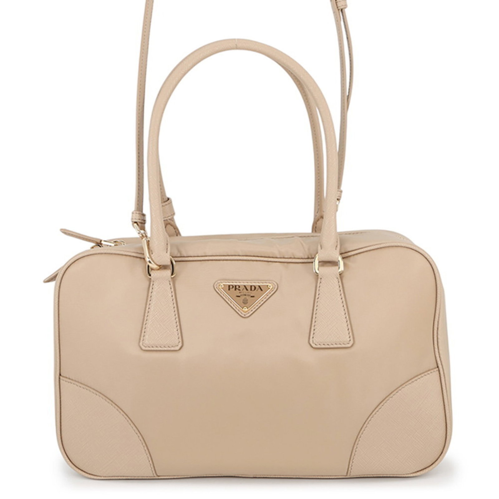 Handbag Nylon Leather Bag Prada Shoulder: Handbag Nylon Leather Bag Prada Shoulder Nylon and leather blend in this Prada Country shoulder bag, offering a unique material combination. Measuring 18cm x 30.5cm x 9cm, it features a beige color