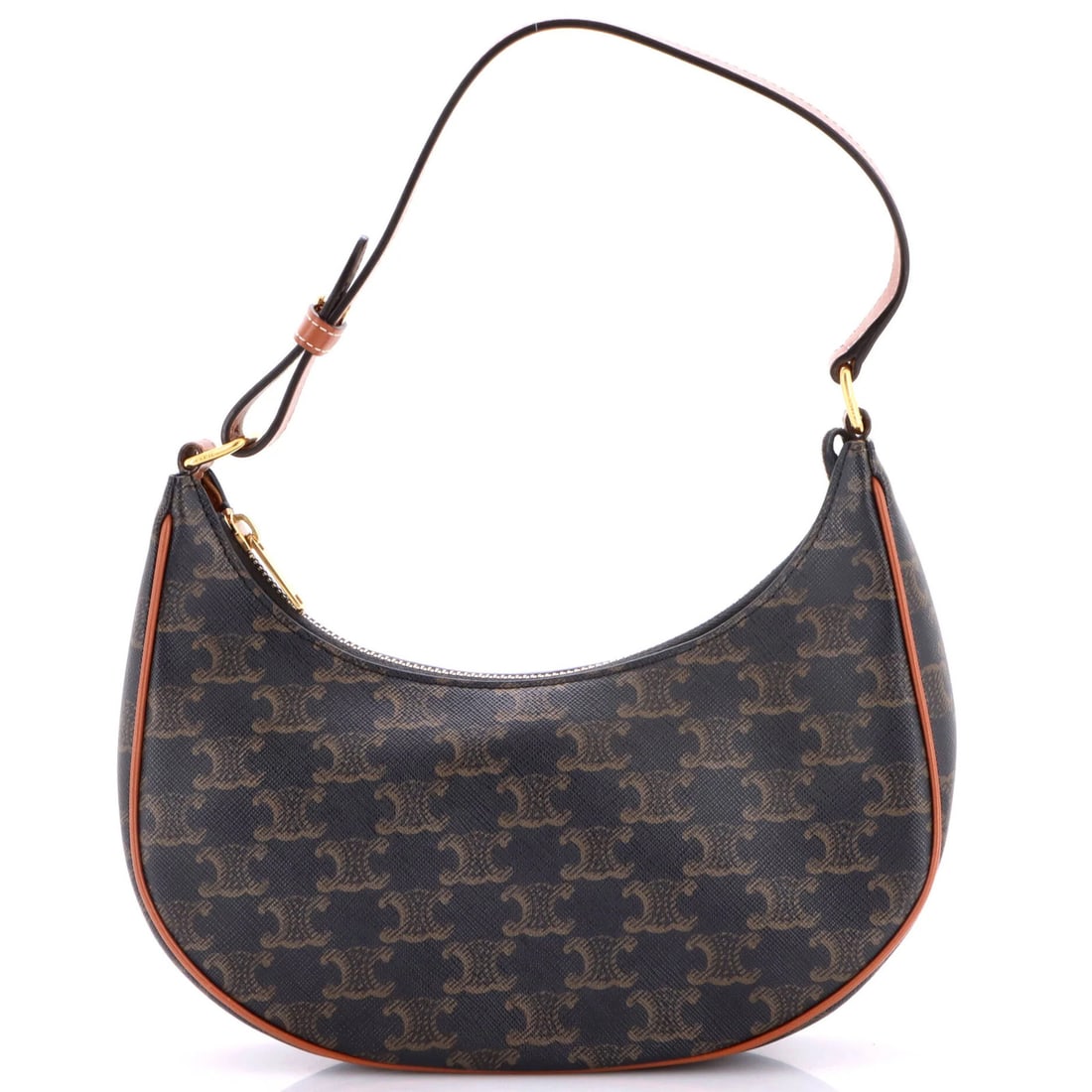 Celine Ava Bag Triomphe Coated Canvas: Celine Ava Bag Triomphe Coated Canvas The Celine Ava Bag Triomphe Coated Canvas is a stylish shoulder bag with a rich brown exterior and gold hardware. Measuring 7-8" in handle drop, 5" in height,