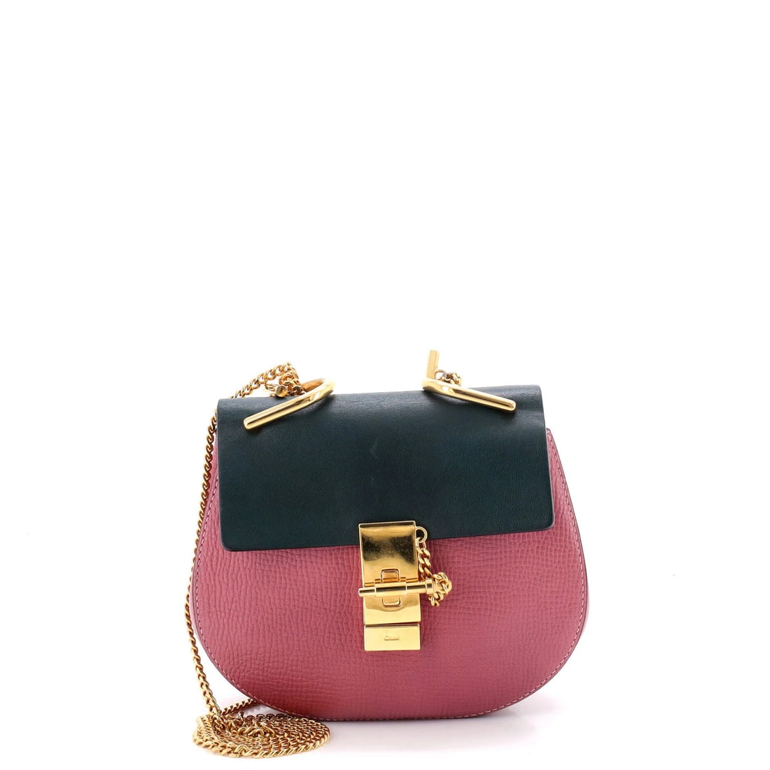 Drew Crossbody Bag Leather Chloe Mini: Drew Crossbody Bag Leather Chloe Mini Pink leather mini crossbody bag from Chloe with suede interior, 12" handle drop and 22" strap drop, featuring gold hardware and a neutral interior color. This