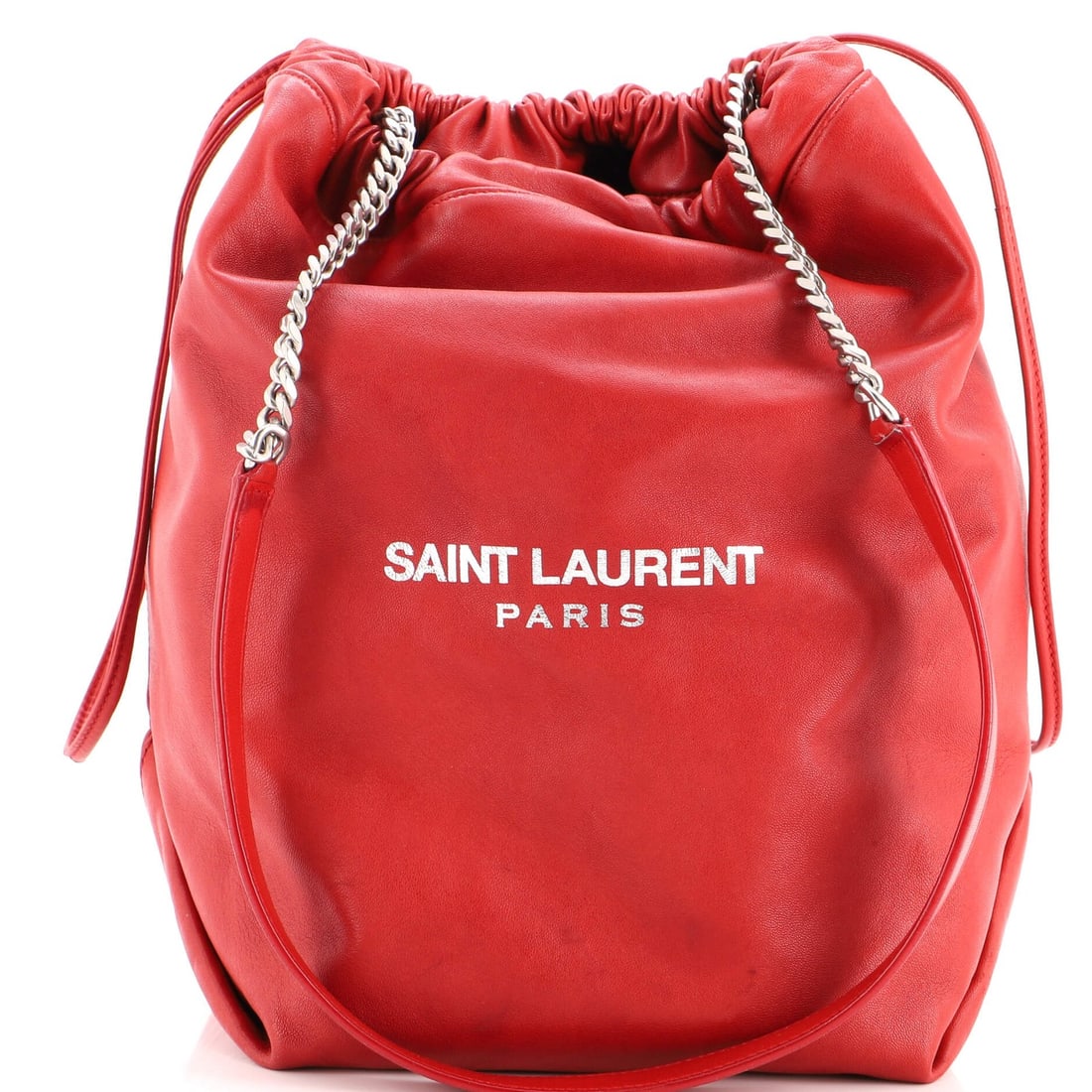Laurent Saint Large Teddy Bag Leather Bucket: Laurent Saint Large Teddy Bag Leather Bucket The Saint Laurent Teddy Bucket Bag Leather Large is a striking red leather tote with a classic bucket shape. Its spacious interior features a
