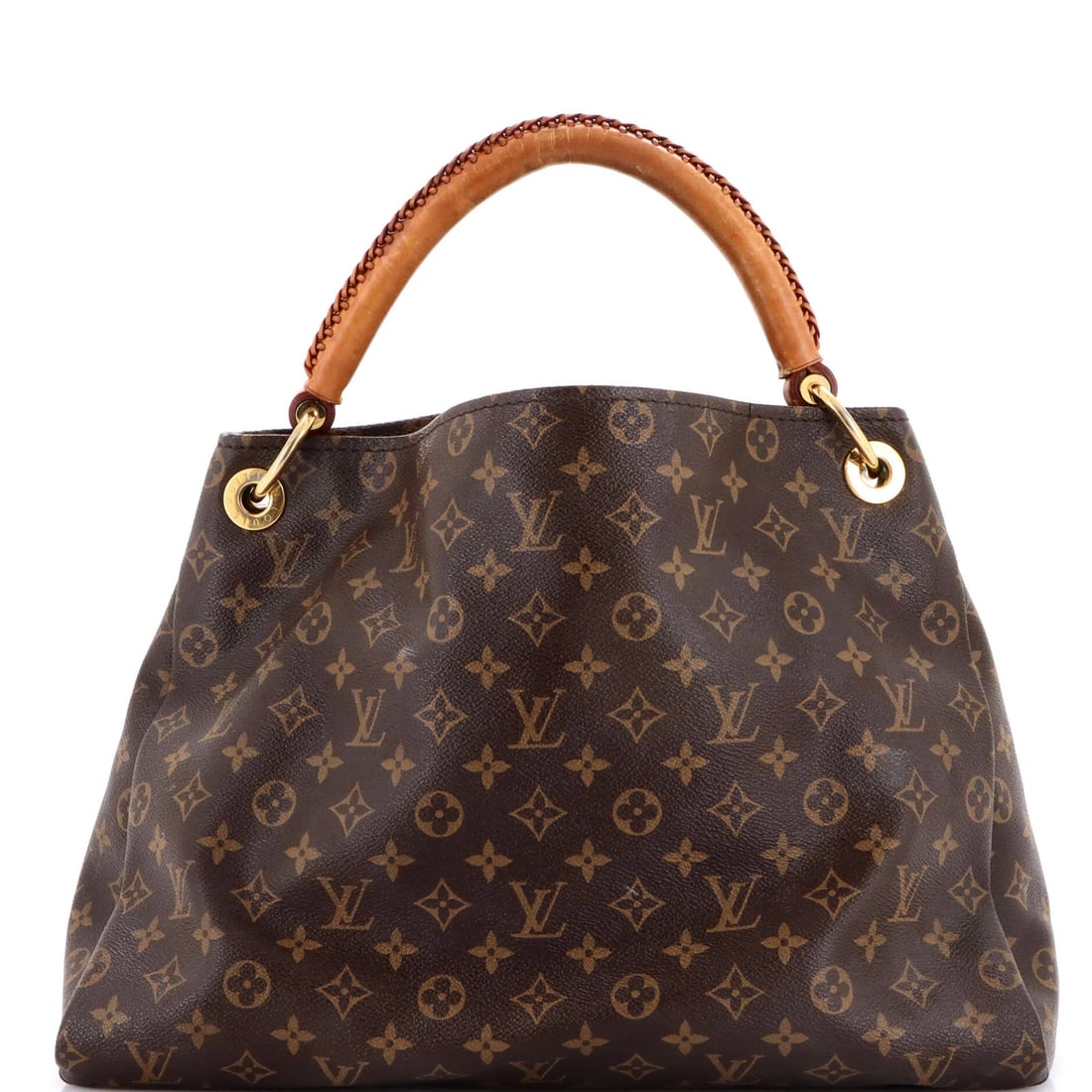 Louis Vuitton Canvas Monogram Artsy Handbag MM: Louis Vuitton Canvas Monogram Artsy Handbag MM Brown Louis Vuitton Canvas Monogram Artsy Handbag MM with gold hardware, featuring a classic hobos design and scuffed exterior. The bag measures 11"