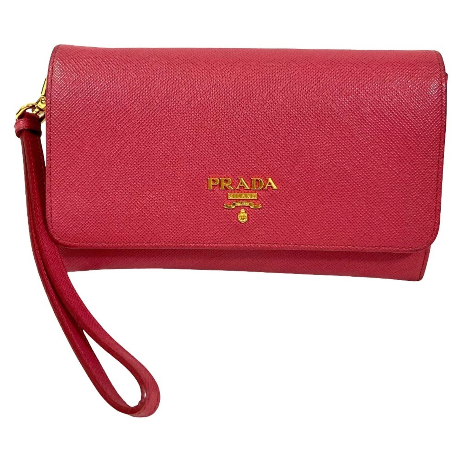 Prada Wallet (Bi-Fold) Saffiano: Prada Wallet (Bi-Fold) Saffiano Saffiano leather provides a durable and luxurious feel to this pink bi-fold wallet from Prada, measuring 10cm x 16cm x 2cm. The wallet's sleek design and high-quality m