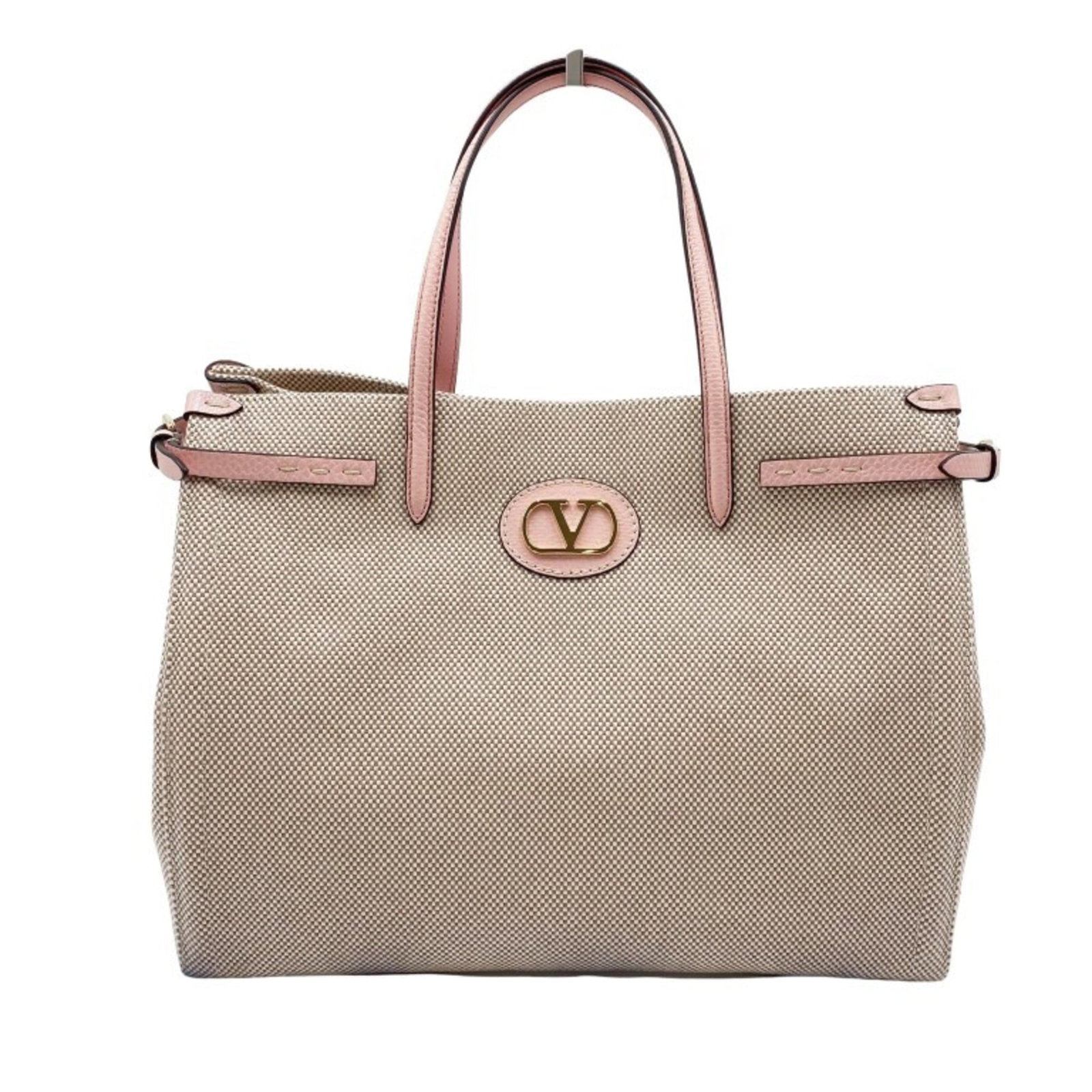 Garavani Valentino Handbag Canvas Leather Tote Bag Shoulder: Garavani Valentino Handbag Canvas Leather Tote Bag Shoulder Canvas and leather combine in this elegant Valentino Garavani tote bag, featuring a beige and pink color palette. The bag's canvas and