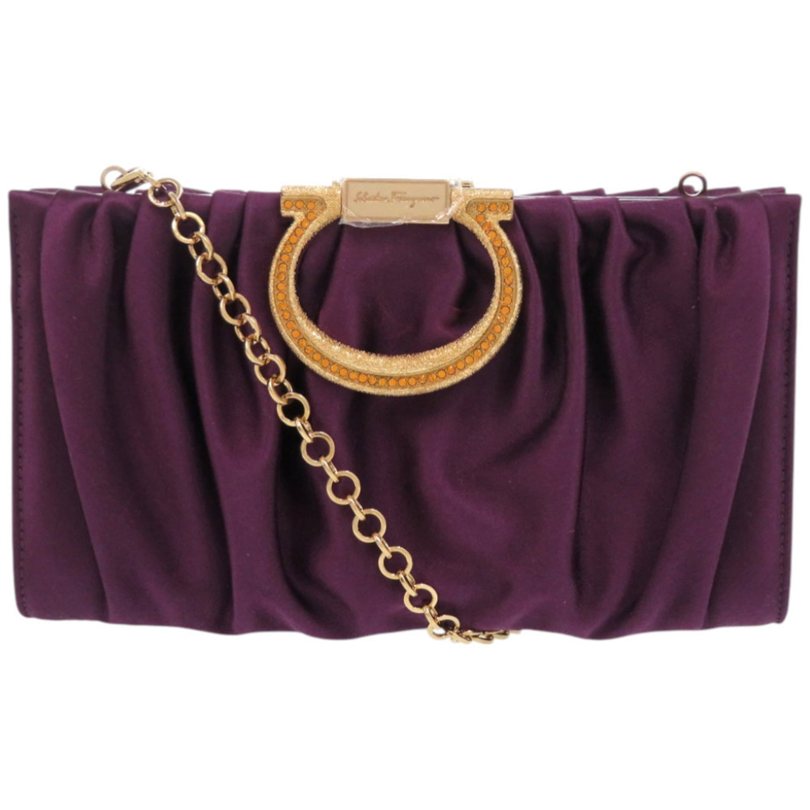 Ferragamo Satin Clutch Bag Salvatore: Ferragamo Satin Clutch Bag Salvatore Satin-clad in rich purple, this Salvatore Ferragamo clutch bag exudes elegance with its sleek design and satin material. Measuring 12cm x 21cm x 3.5cm, it's the
