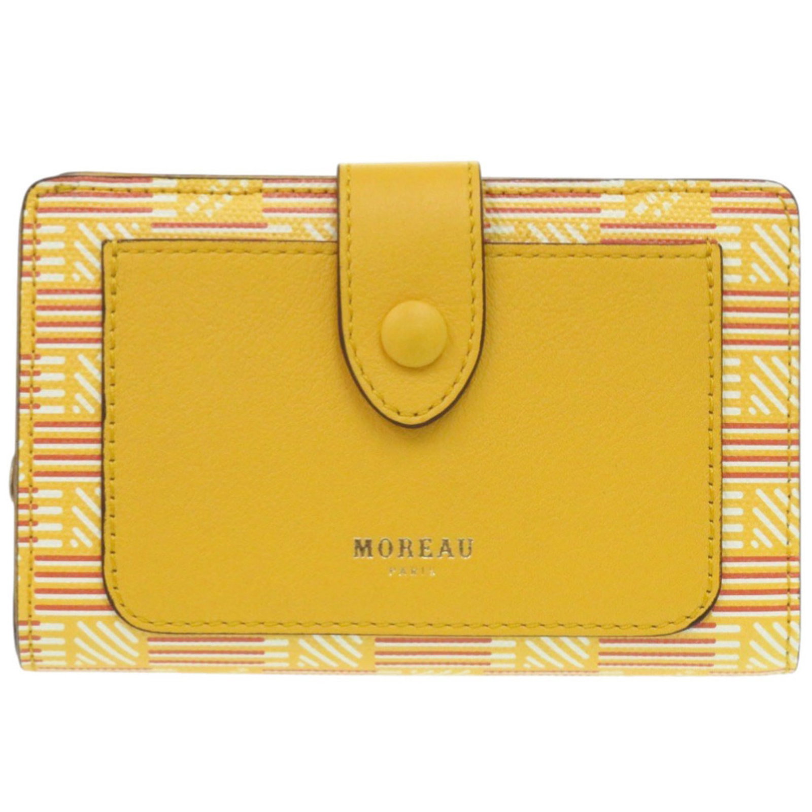 Moreau Wallet (Bi-Fold) Leather: Moreau Wallet (Bi-Fold) Leather The Moreau Wallet is a stylish bi-fold leather wallet with a gold and yellow color scheme, featuring a button closure, coin purse, bill slot, card slots, and a pocket. 