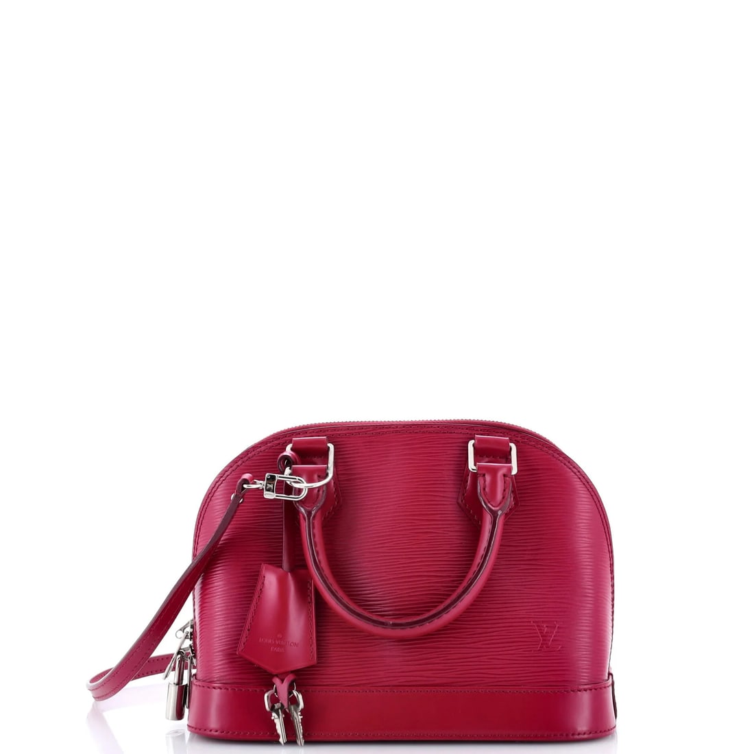 Vuitton Alma Handbag Epi Leather BB: Vuitton Alma Handbag Epi Leather BB Red Vuitton Alma Handbag Epi Leather BB features a classic top handle design with a 4" drop, measuring 7" tall, 9.5" wide, and 4.5" deep. The bag comes with a cloch