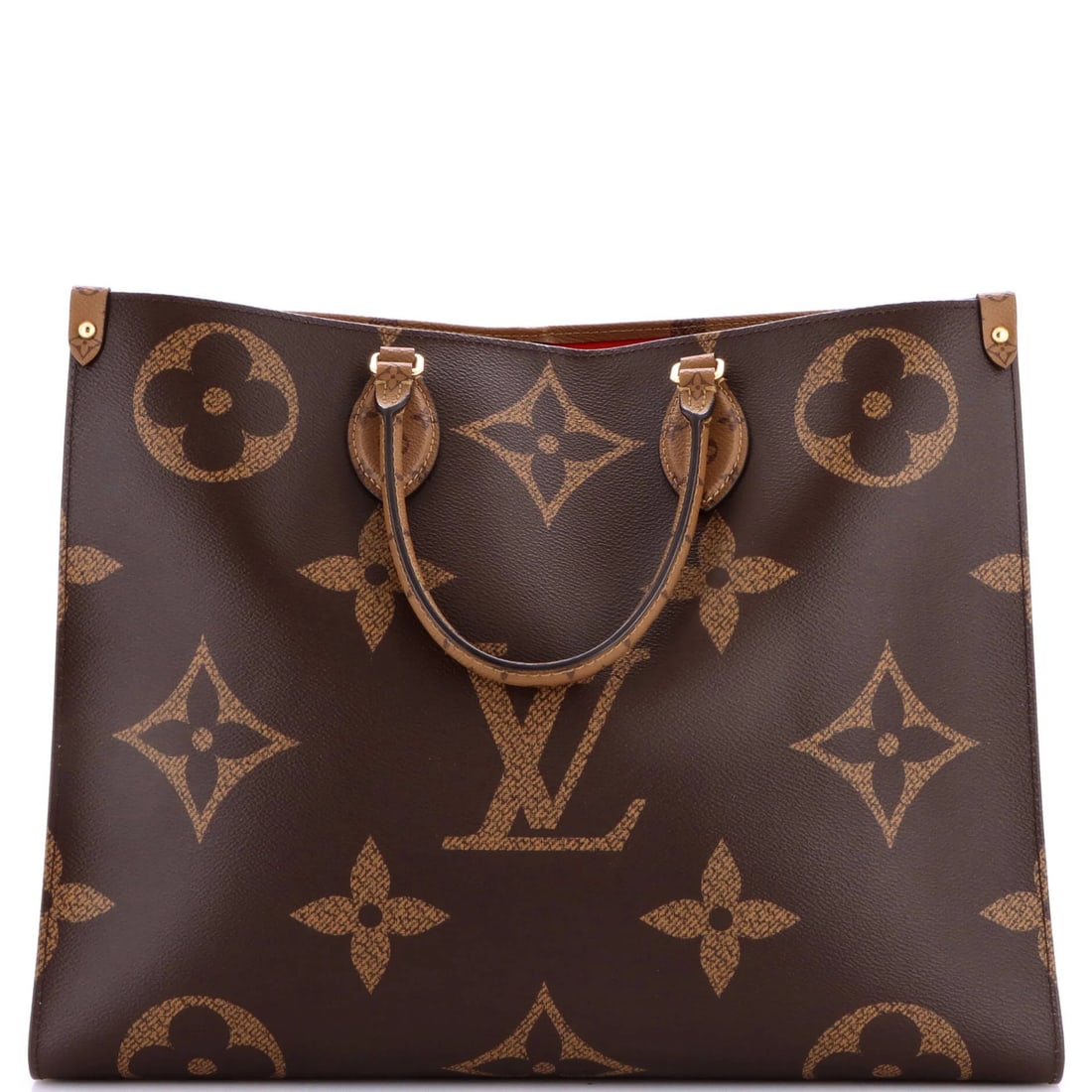 OnTheGo Tote Reverse Giant Monogram Louis Vuitton: OnTheGo Tote Reverse Giant Monogram Louis Vuitton Brown OnTheGo Tote Reverse Giant Monogram Louis Vuitton features a canvas coated exterior with a brown color and a red interior. The tote has a