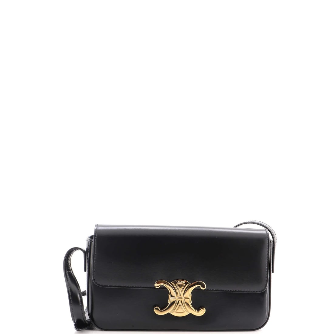 East-West Calfskin Shoulder Bag Smooth Celine Triomphe: East-West Calfskin Shoulder Bag Smooth Celine Triomphe The Celine Triomphe East-West Shoulder Bag boasts sleek, smooth calfskin exterior in black, adorned with gold hardware. With its classic design a
