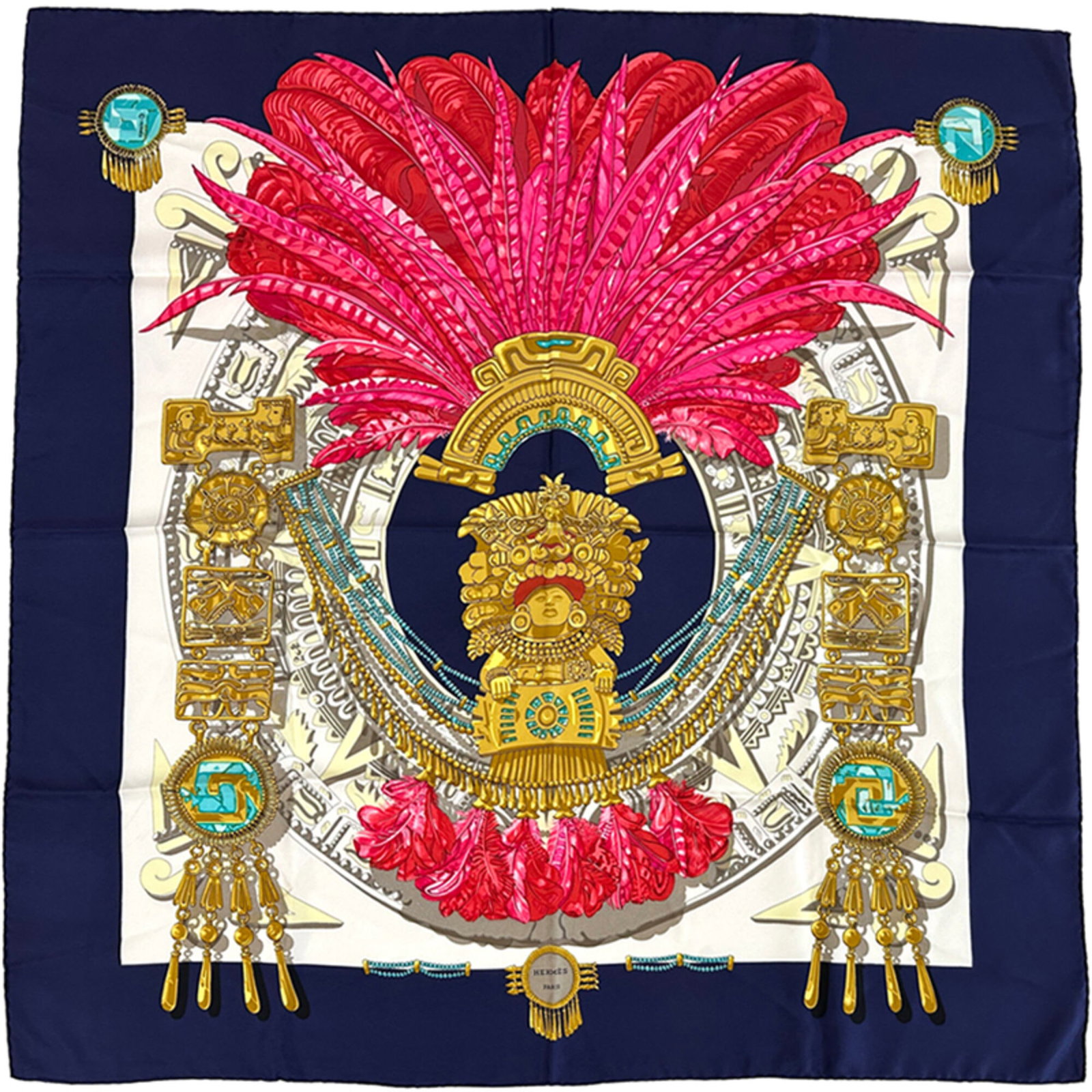 Silk Hermes Scarf: Silk Hermes Scarf Silk from France, this 90cm x 90cm scarf features a multi-color, navy design, and is made from high-quality silk material. The scarf's unique multi-color design makes it a standout