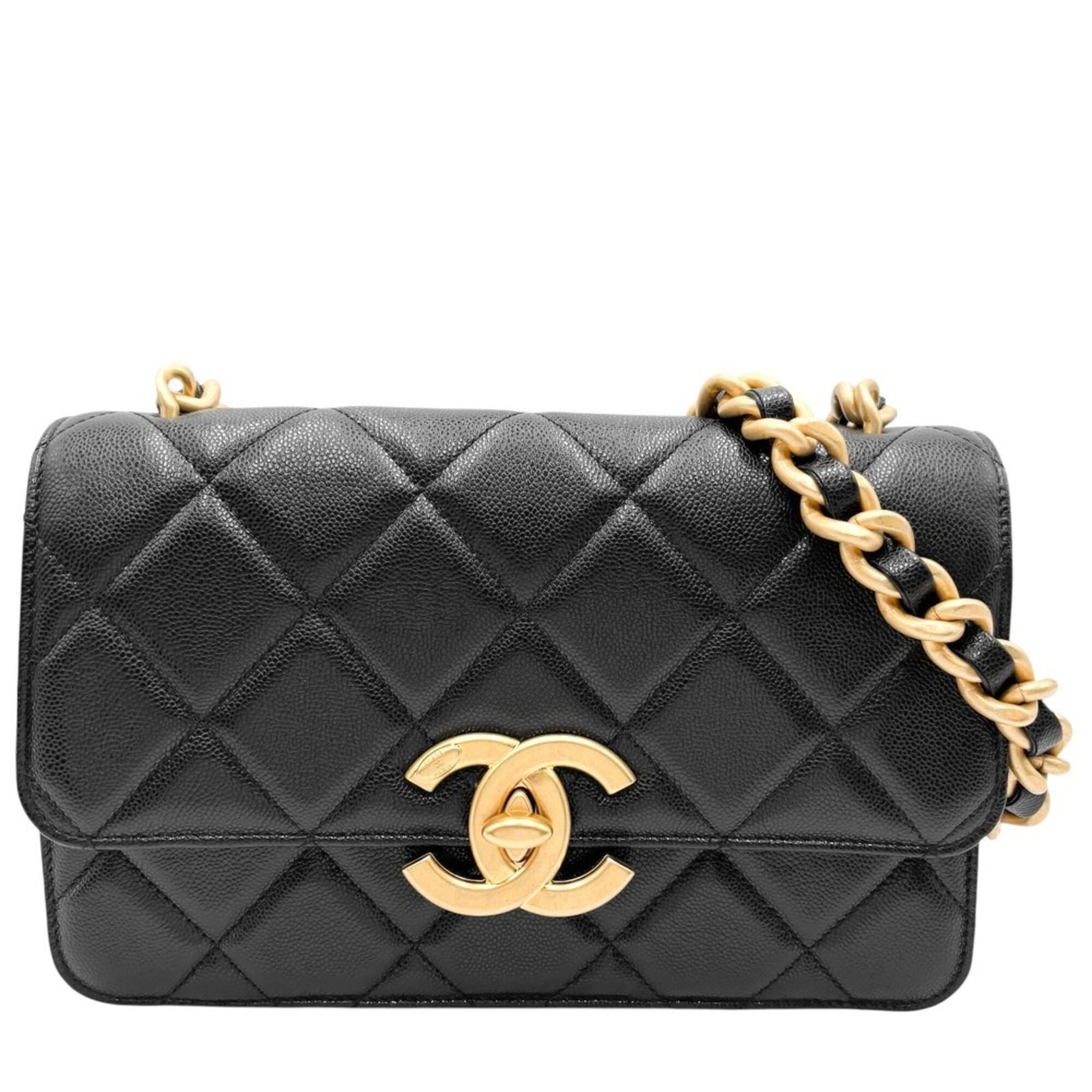 Calfskin Grained Chanel Bag Shoulder: Calfskin Grained Chanel Bag Shoulder Grained calfskin gives this black Chanel shoulder bag a rich, luxurious feel. Measuring 16cm x 25cm x 7cm, it's a compact and stylish accessory that fits