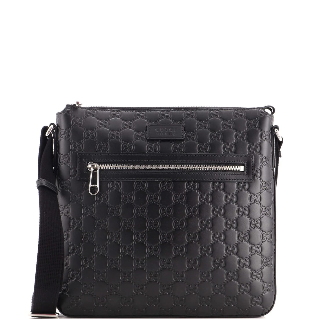Gucci Signature Zip Messenger Bag Guccissima Leather Medium: Gucci Signature Zip Messenger Bag Guccissima Leather Medium Black Gucci Signature Zip Messenger Bag with Guccissima Leather Medium measures 11" height, 11" width, and 1" depth, featuring a 24" strap